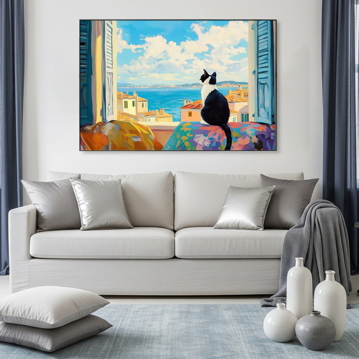 Black And White Cat On Window Canvas Wall Art Print