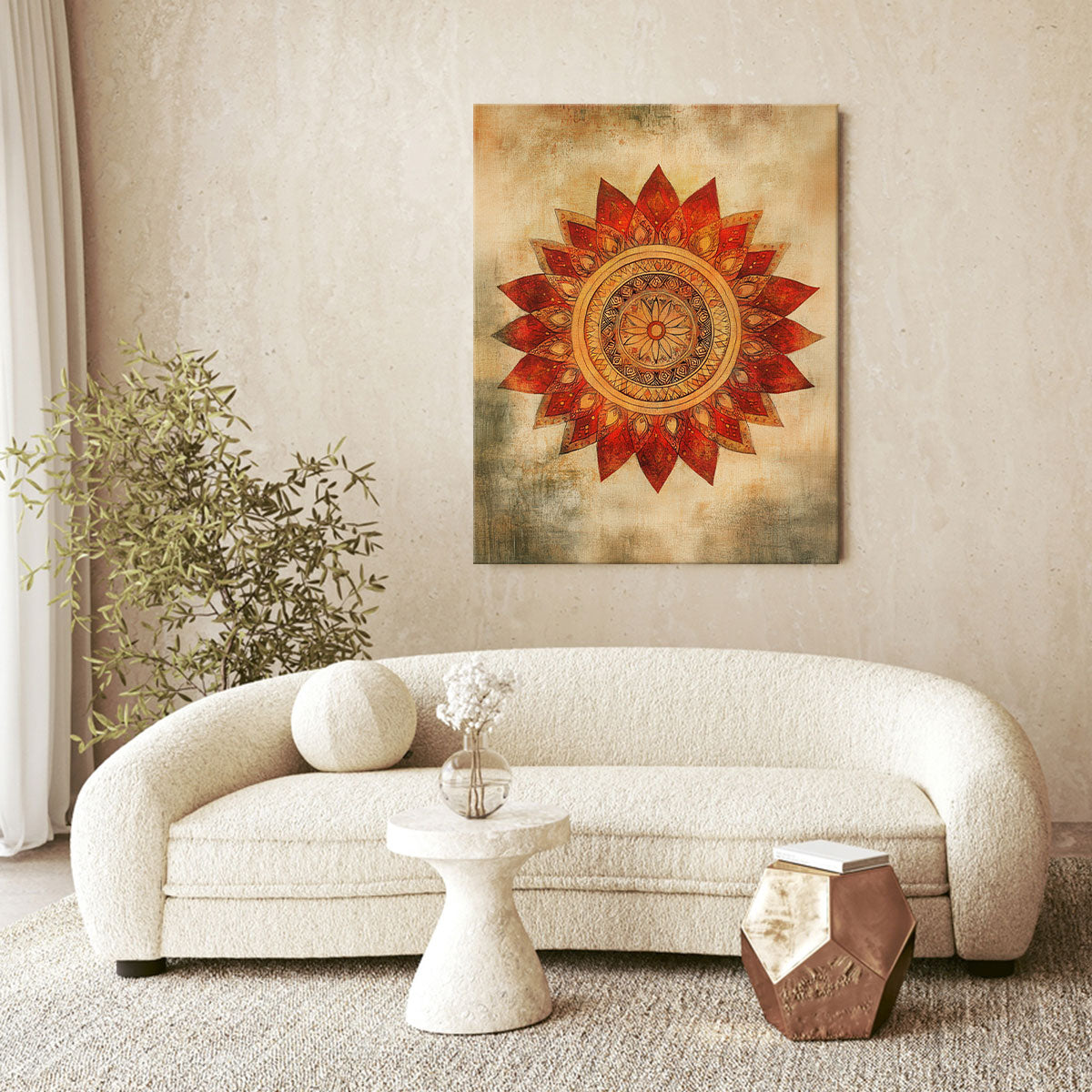 Boho Mandala Canvas Wall Art - Warm Tribal Sunflower Decor