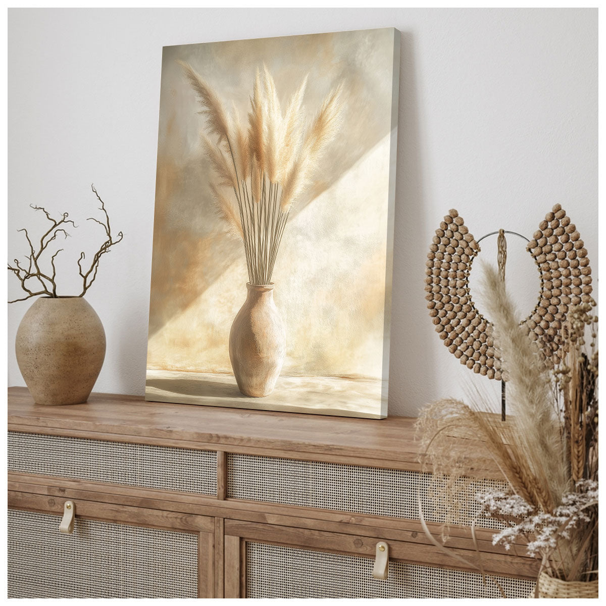 Pampas Grass Minimal Boho Wall Art – Neutral Ceramic Vase Canvas Print
