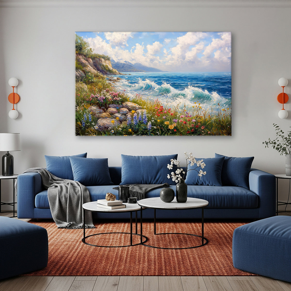 Gentle Ocean Waves And Wildflowers Oil Canvas Print