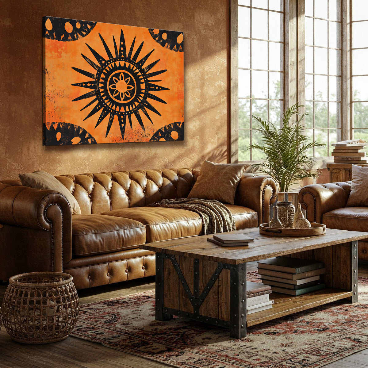 Tribal Sun Rustic Boho Wall Art Print – Terracotta Concentric Design