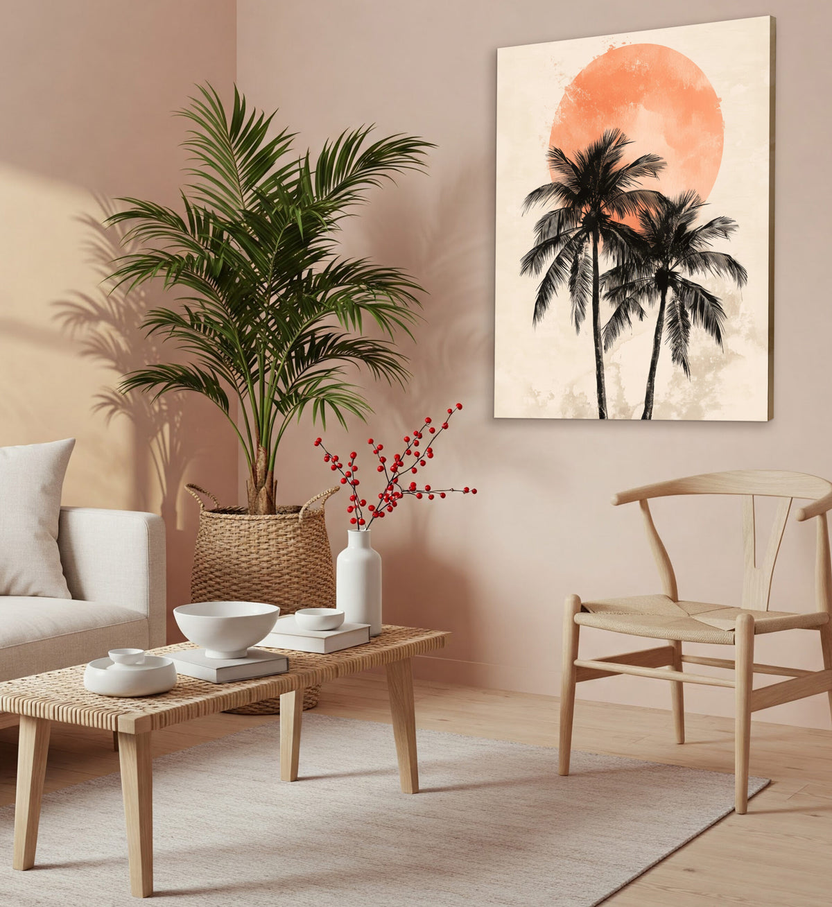 Palm Trees Sunset Boho Wall Art – Minimalist Coastal Canvas Print