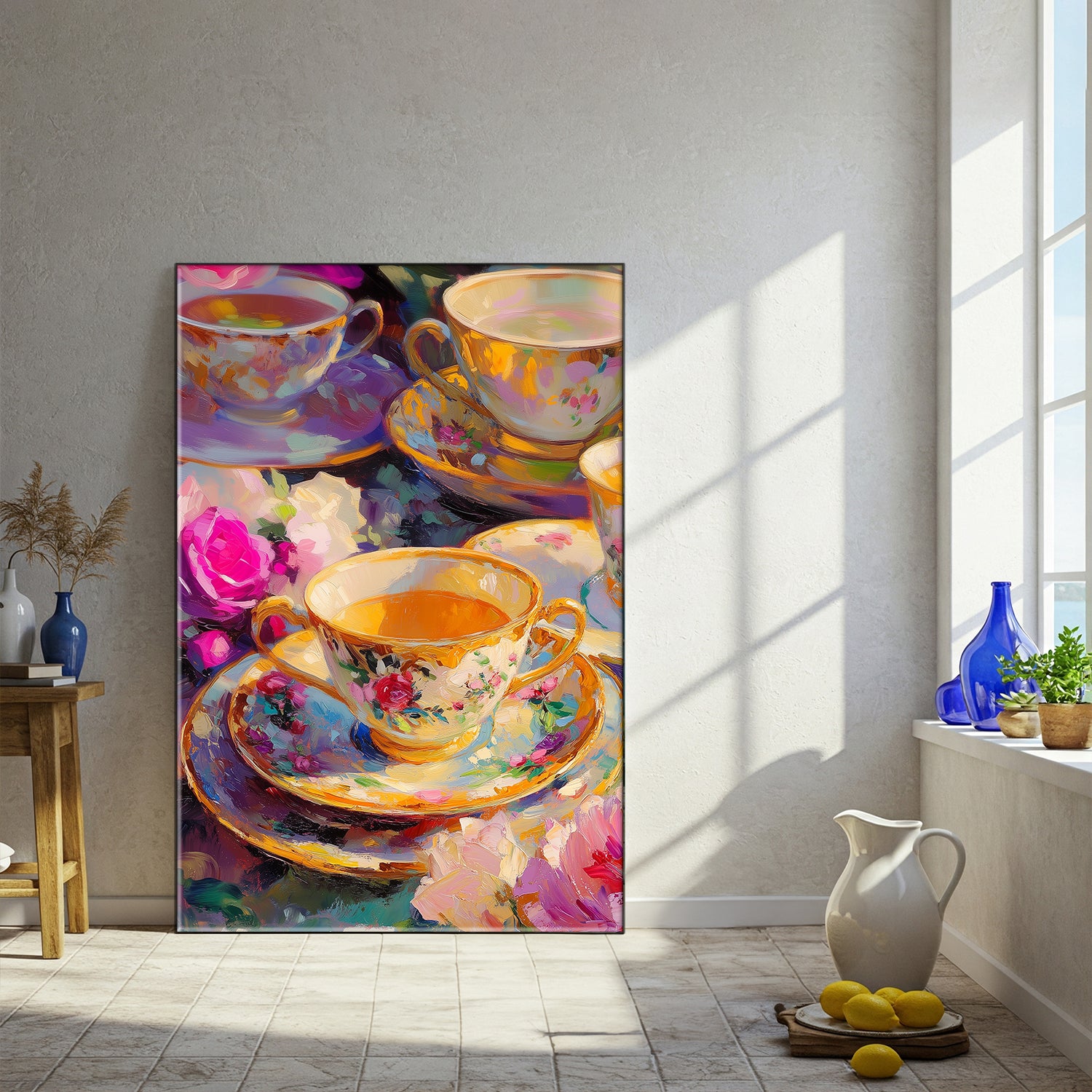 Still Life Vintage Floral Teacups Fine Art Canvas