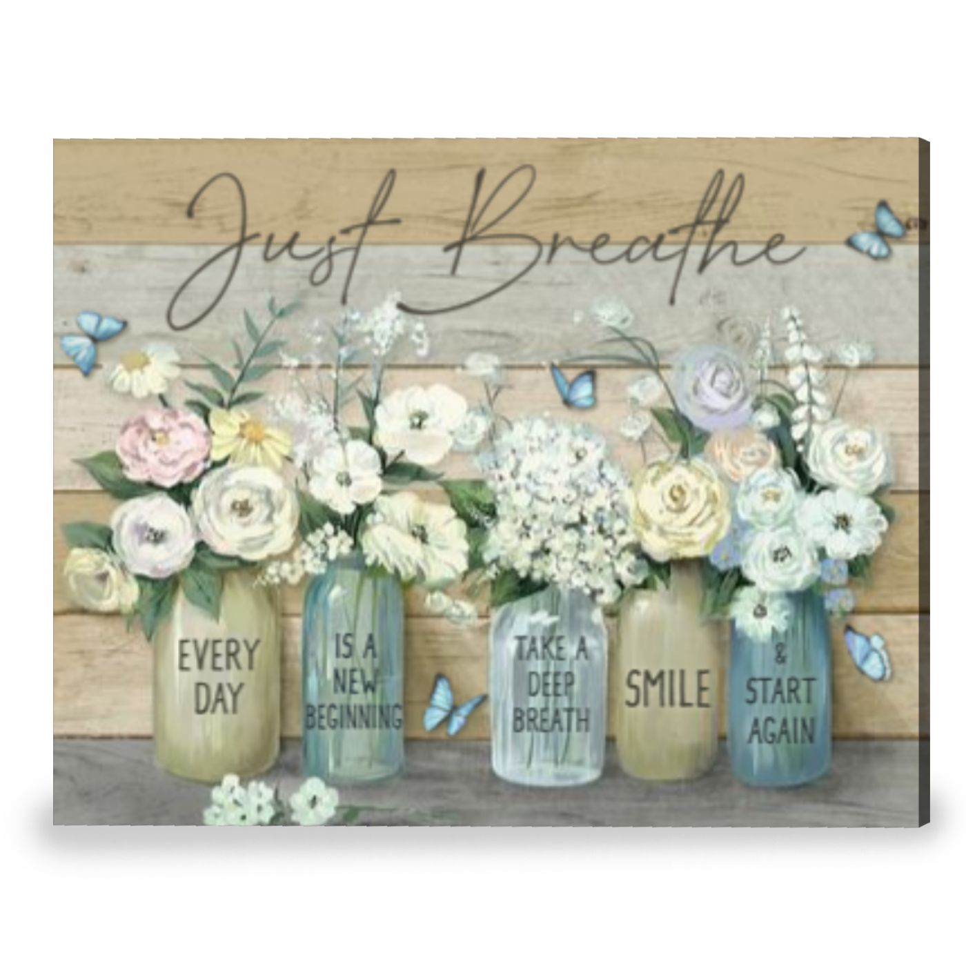 Motivational Wall Art Floral Canvas Print Just Breathe Farmhouse Canvas Print