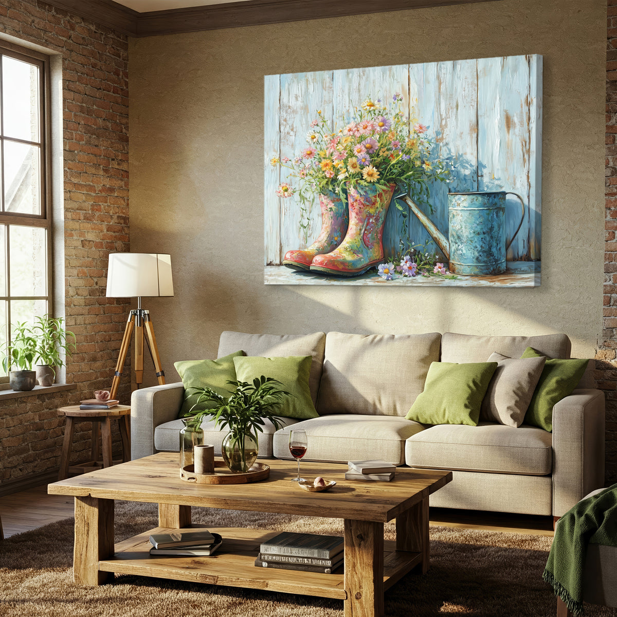 Rustic Floral Rain Boots – Vintage Farmhouse Oil Painting Canvas Wall Art