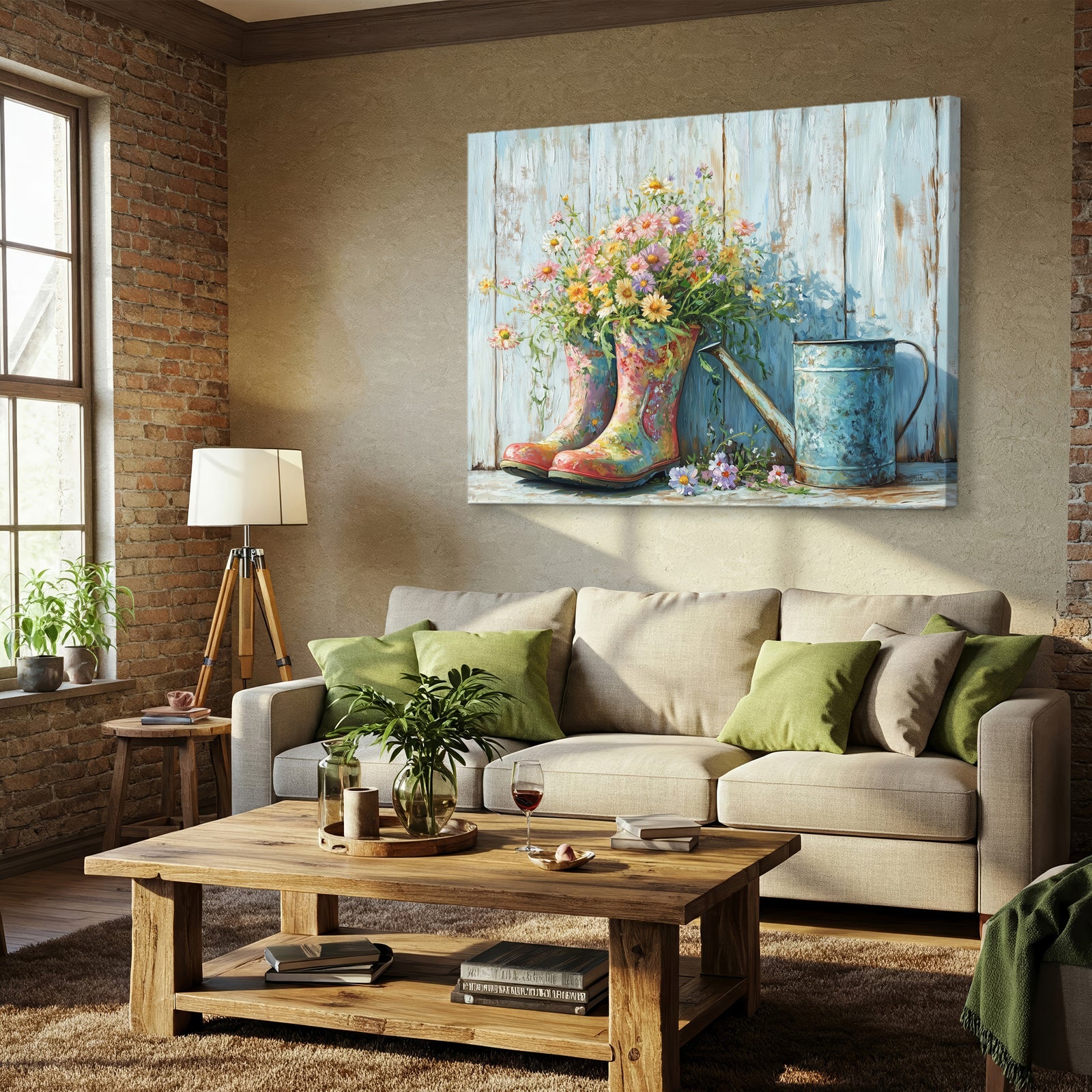 Rustic Floral Rain Boots – Vintage Farmhouse Oil Painting Canvas Wall Art