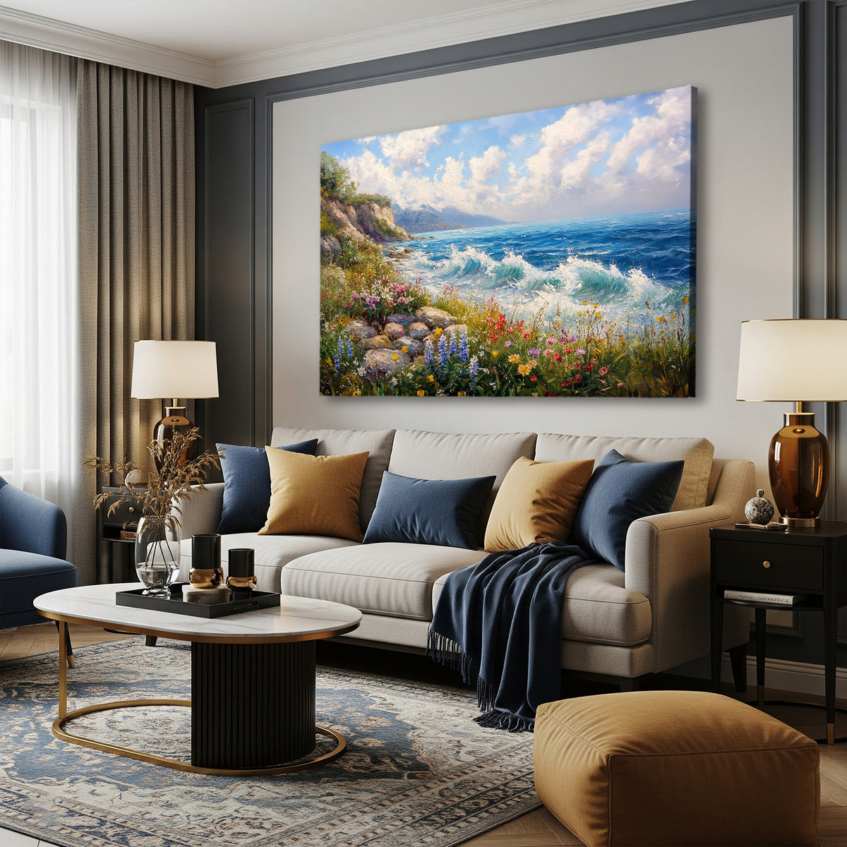 Gentle Ocean Waves And Wildflowers Oil Canvas Print