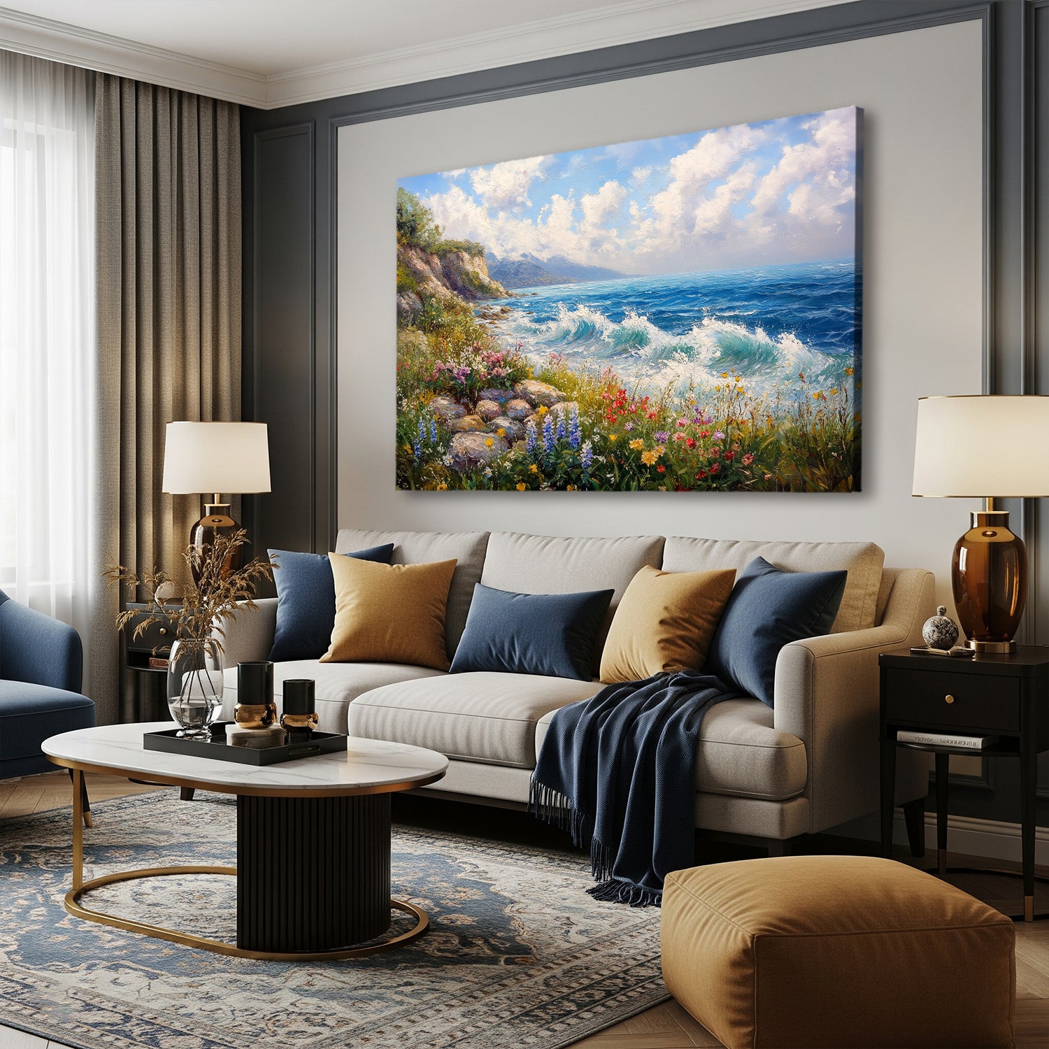 Gentle Ocean Waves And Wildflowers Oil Canvas Print