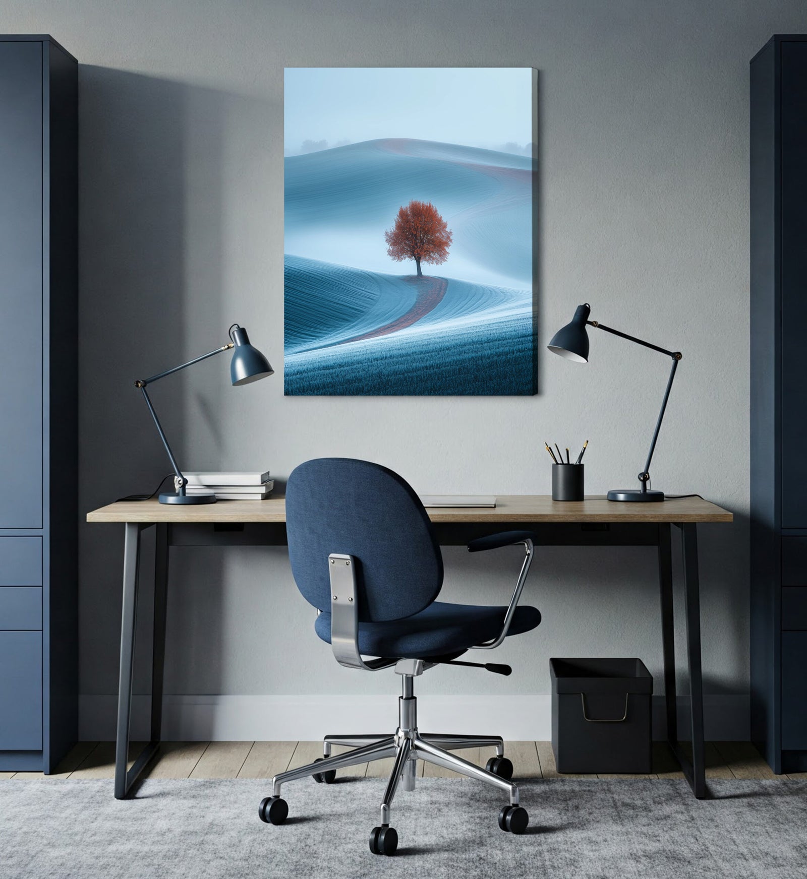 Boho Foggy Field Wall Art with High-Contrast Lone Tree