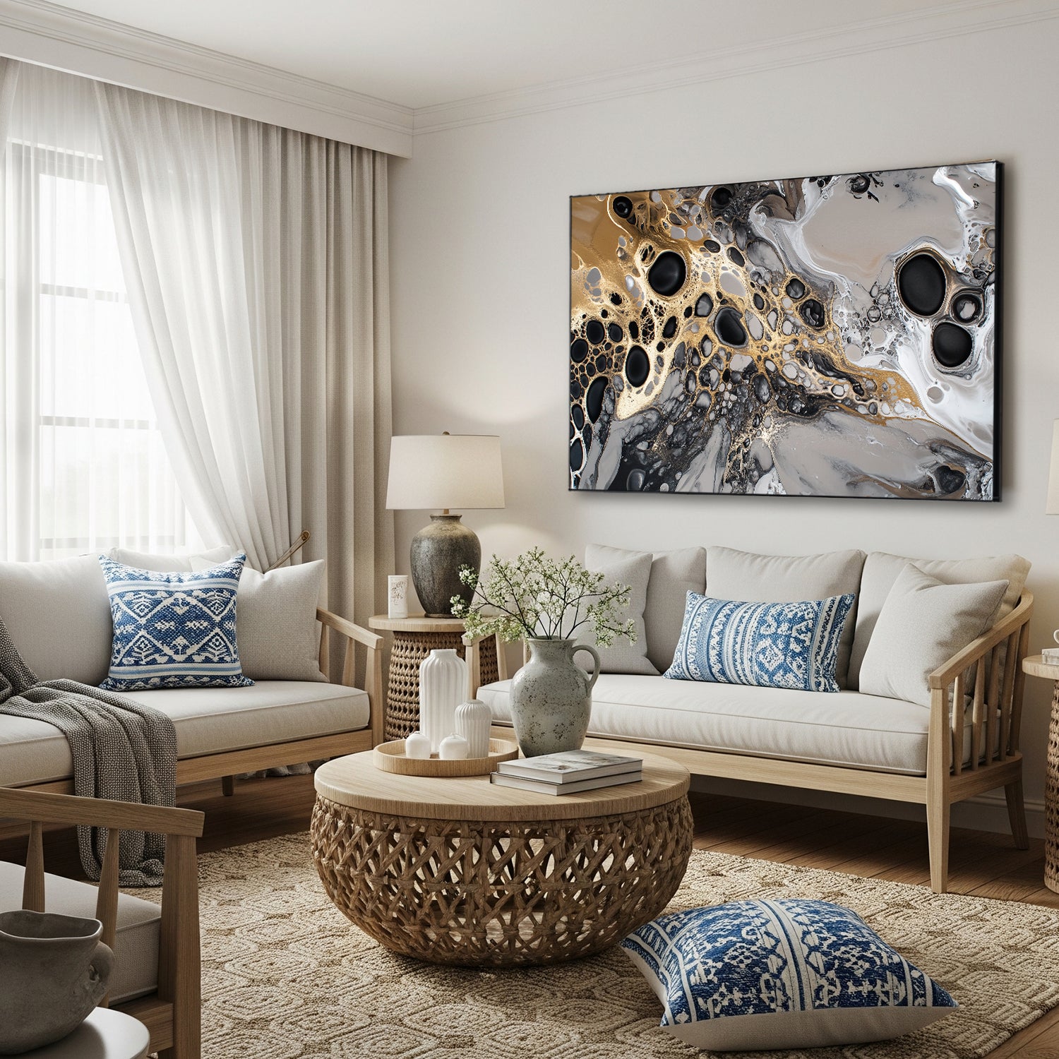 Fluid Metallic Acrylic Pour Canvas With Celestial Flow