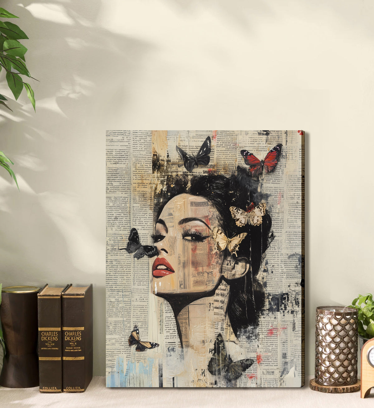 Vintage Butterfly Collage Female Portrait Canvas Art
