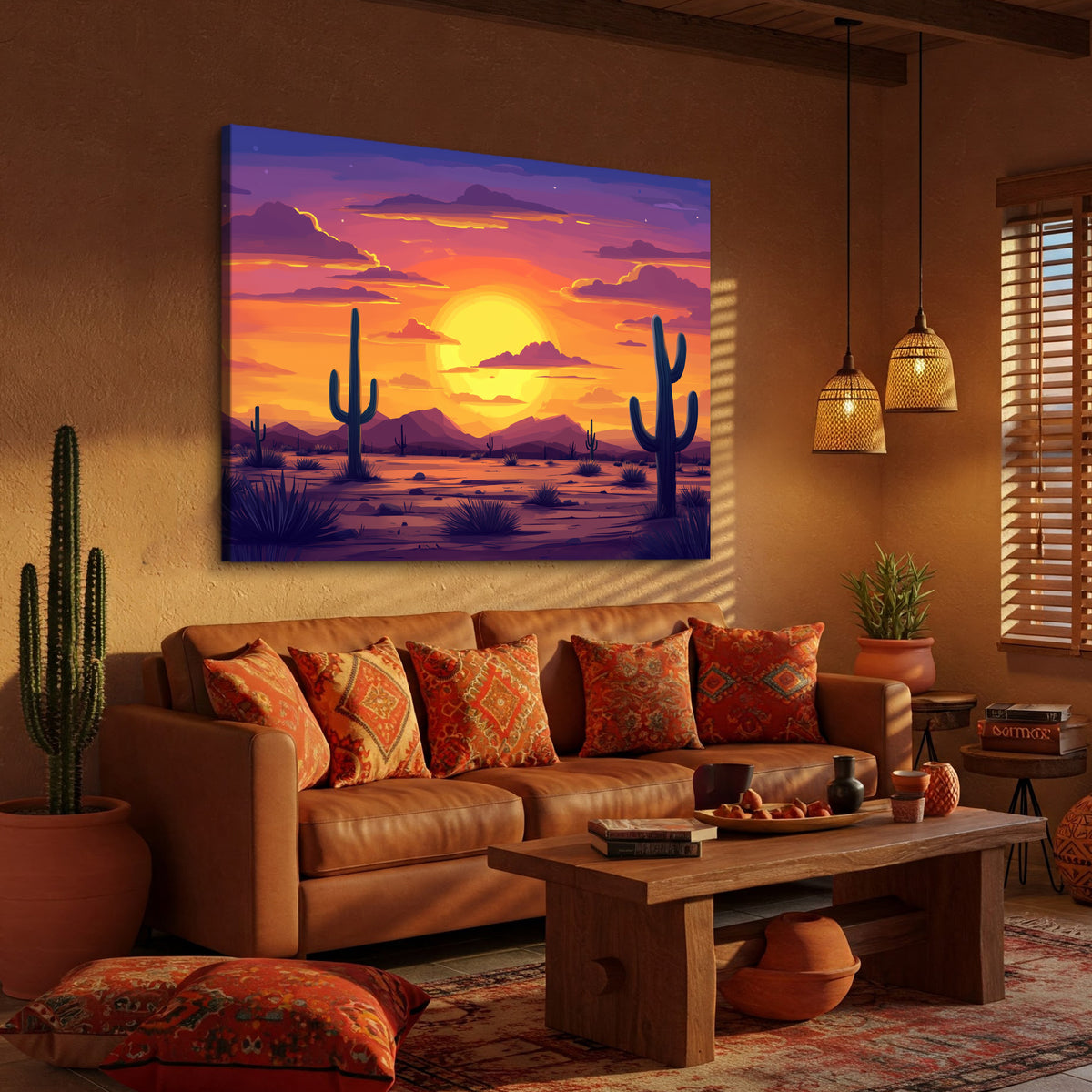 Boho Cactus Sunset Canvas Art for Desert Wall Decor