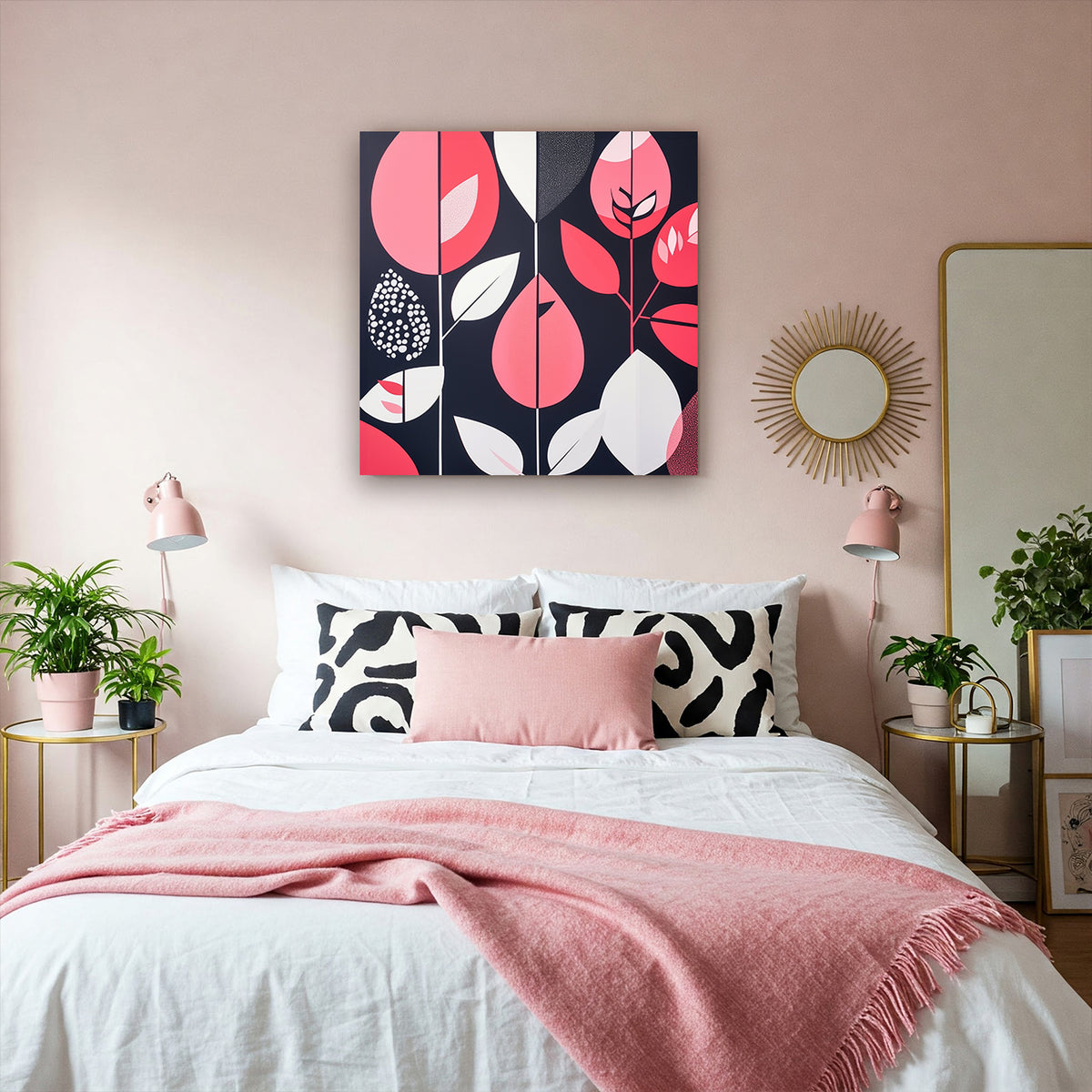 Modern Leaf and Shape Abstract Canvas in Blush and Black