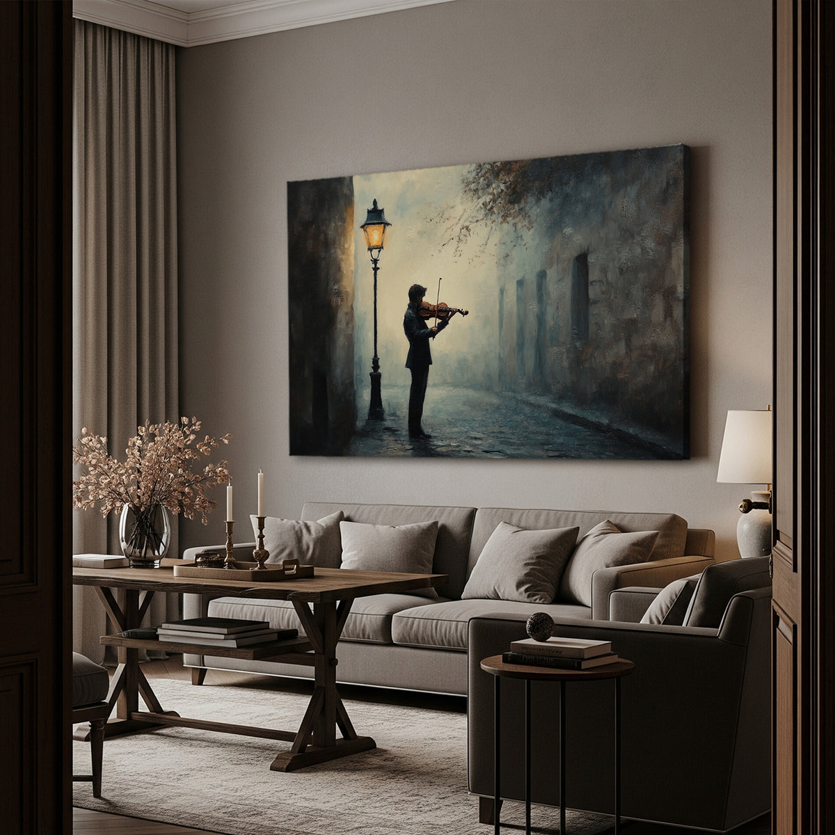 Elegant oil painting of violinist in golden evening light