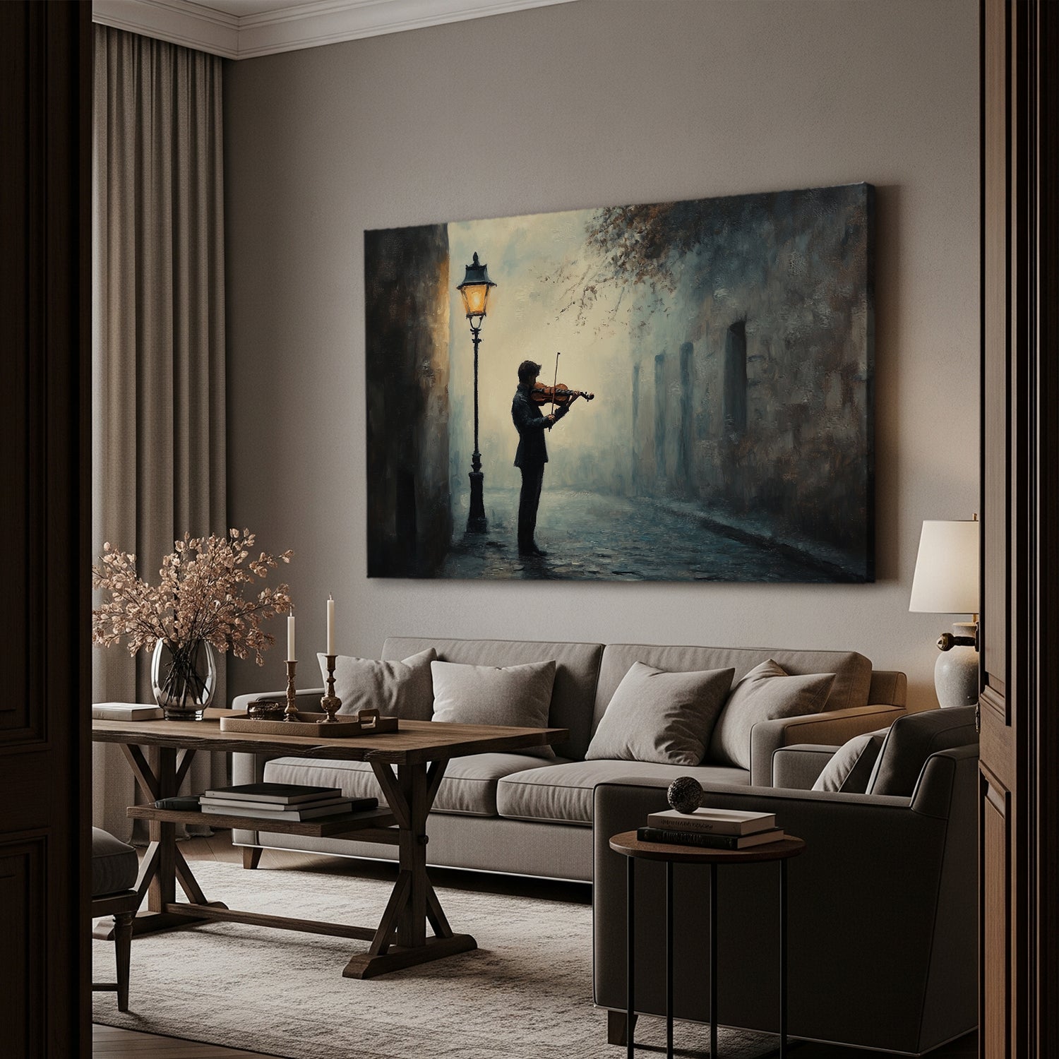 Elegant oil painting of violinist in golden evening light