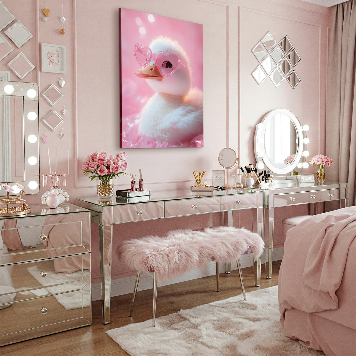 Cute Duck with Pink Heart Glasses Funny Bathroom Art