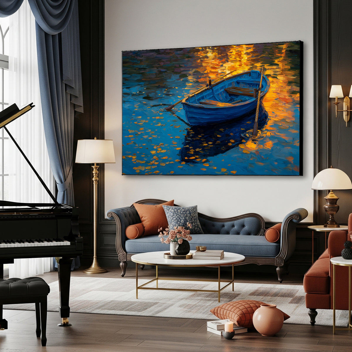 Golden Light and Blue Rowboat Oil Canvas Wall Art