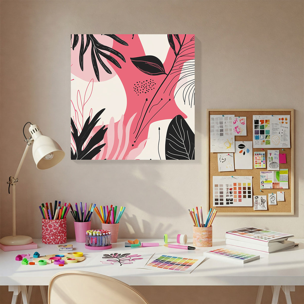 Pink Black Minimalist Leaf Pattern Canvas for Soft Interiors