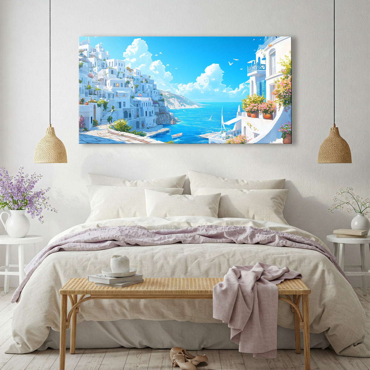 White and Blue Greek Houses with Flowers Wall Canvas