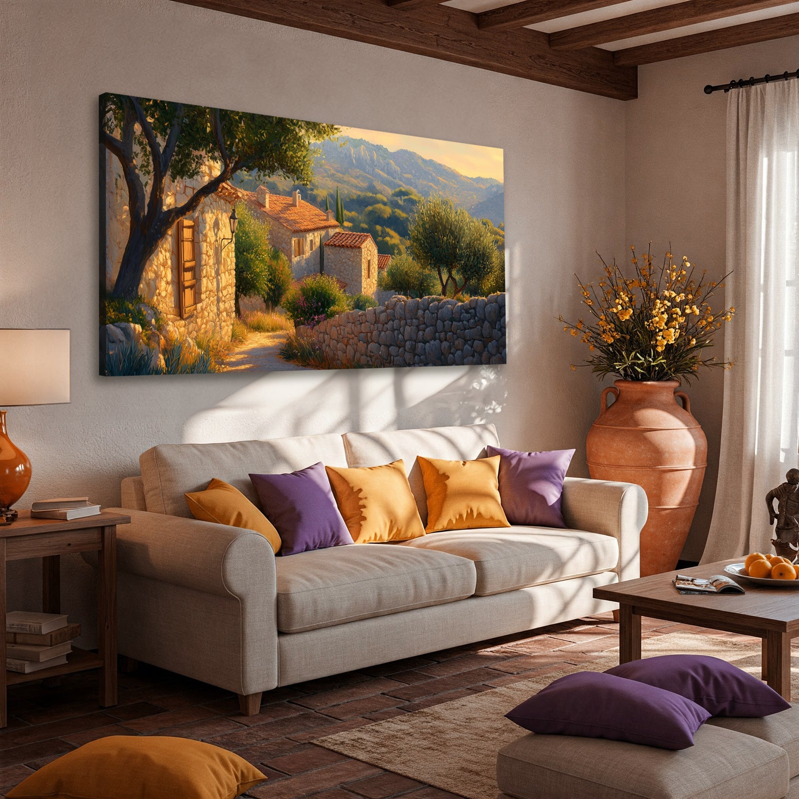 Mediterranean Village Scene with Stone Walls Canvas Art
