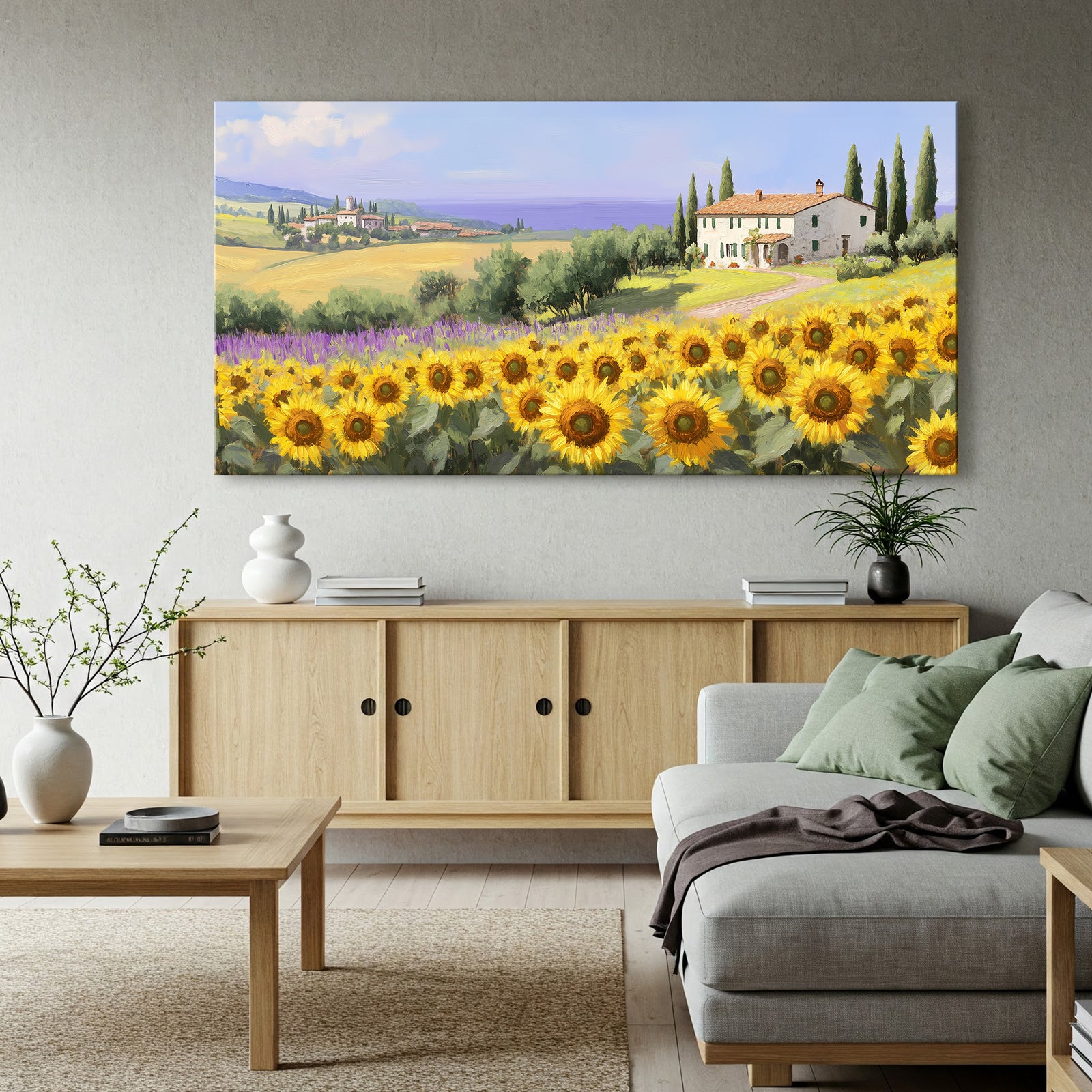 Sunflower Field in Tuscany Vintage Oil Print Canvas Wall Art