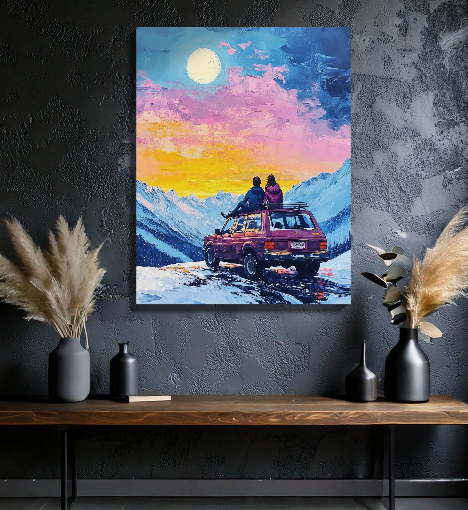 Sunset Mountain Adventure Oil Painting Canvas Wall Art