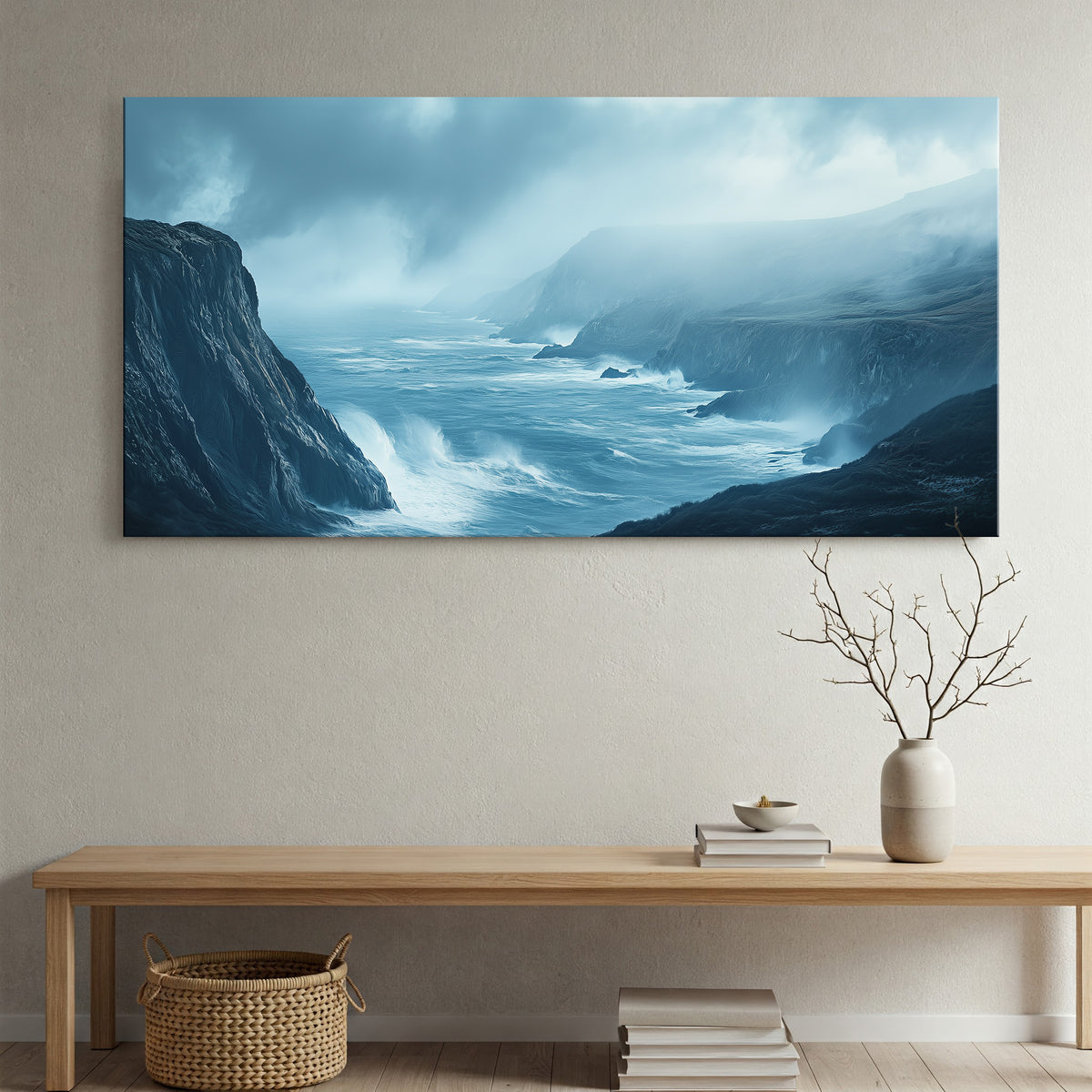 Coastal Cliffside and Waves Canvas in Earthy Tones