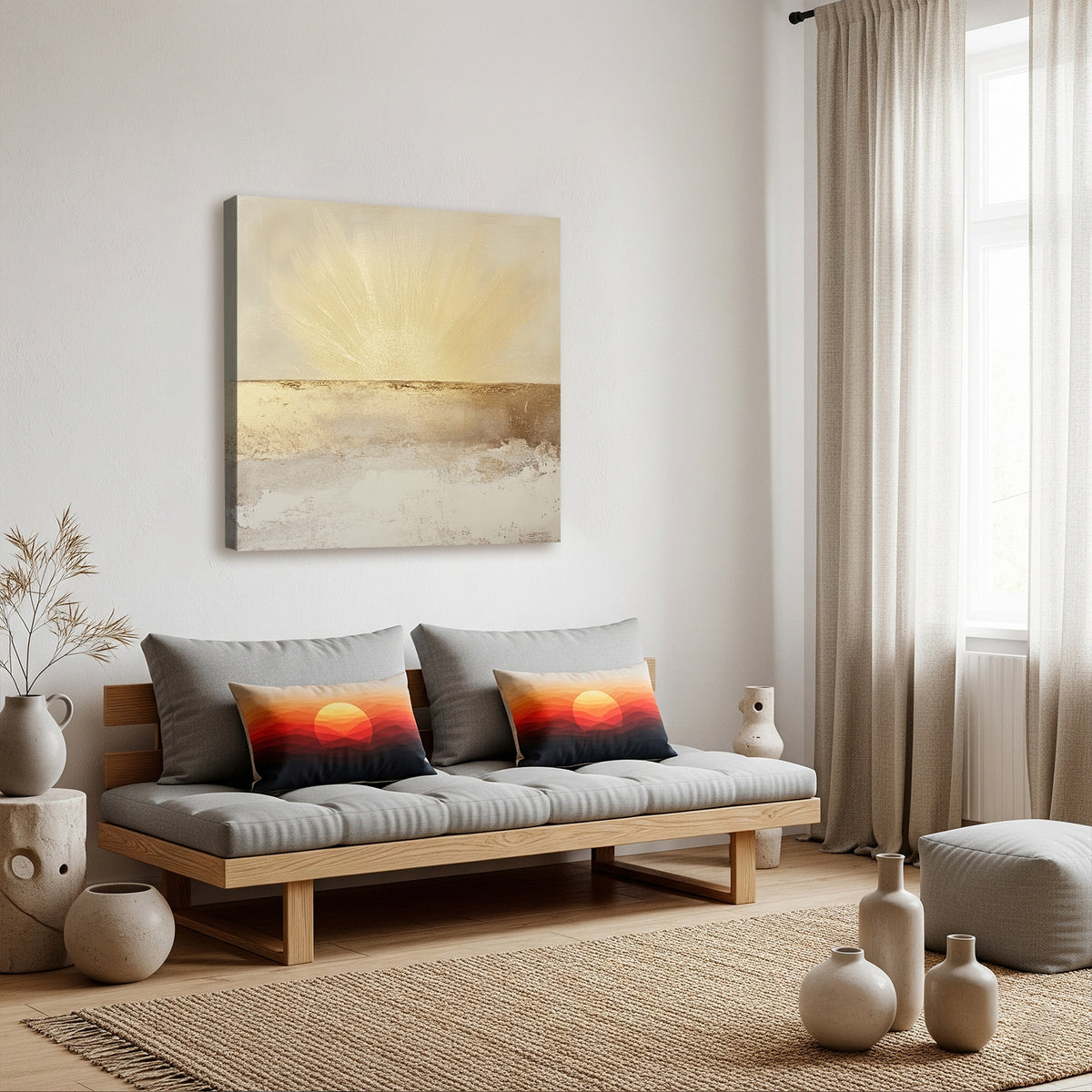 Golden Light Rays on Beige Horizon Abstract Canvas Print