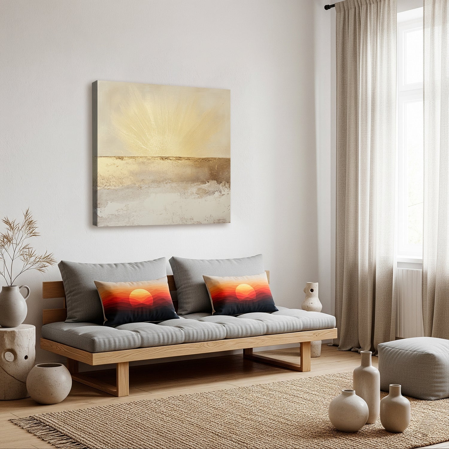Golden Light Rays on Beige Horizon Abstract Canvas Print