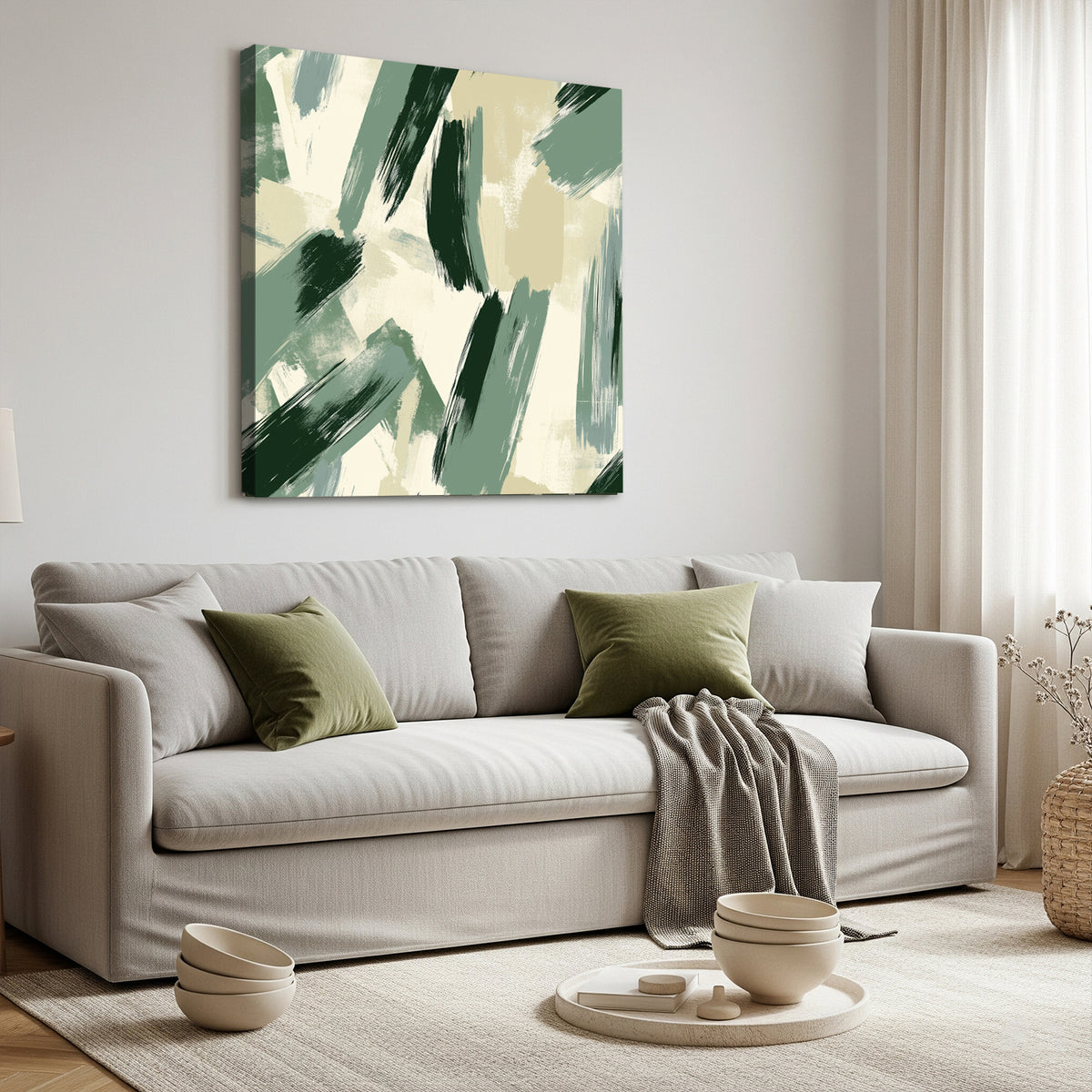 Sage Green Abstract Brush Canvas Print for Calm Interiors