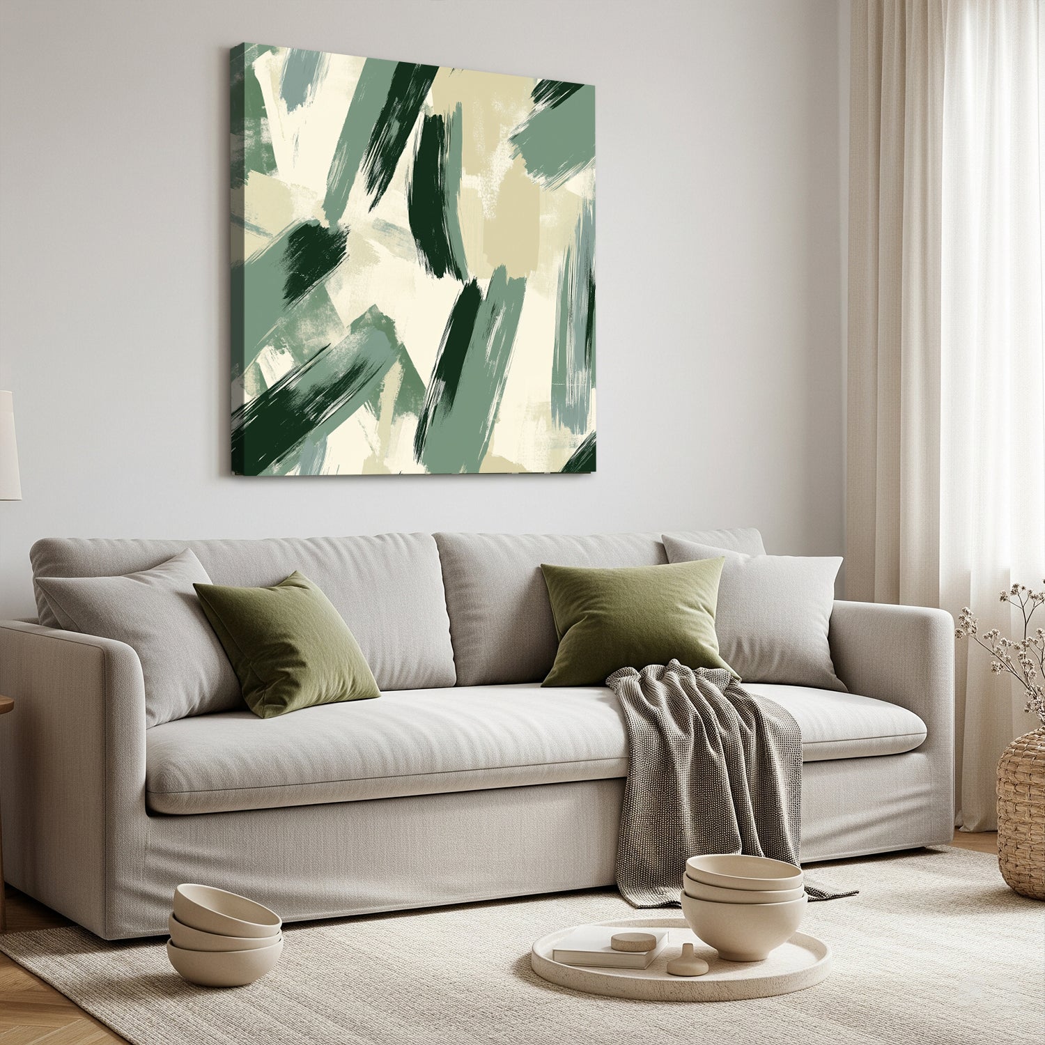 Sage Green Abstract Brush Canvas Print for Calm Interiors