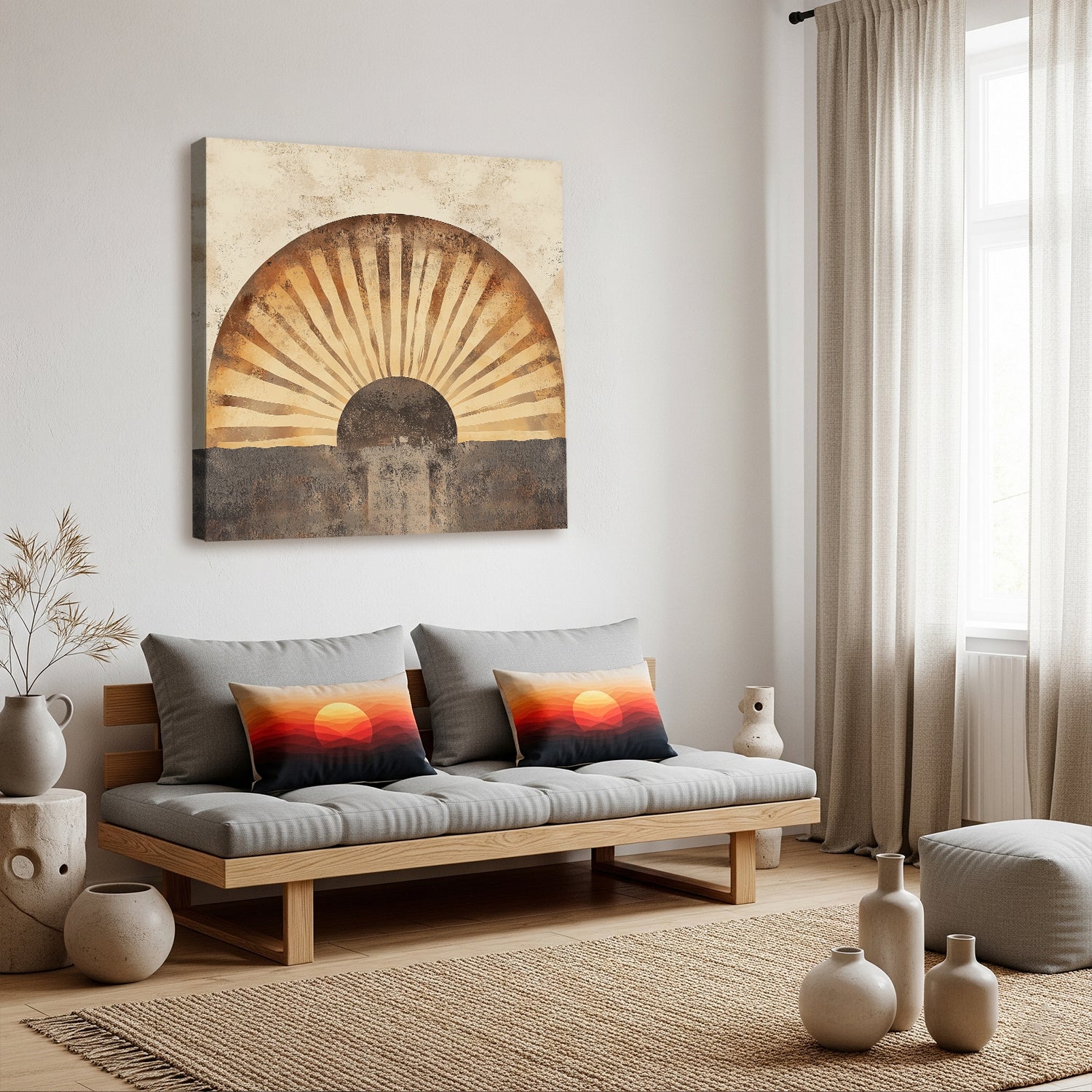 Boho Neutral Arch Sun Canvas Print with Textured Layers