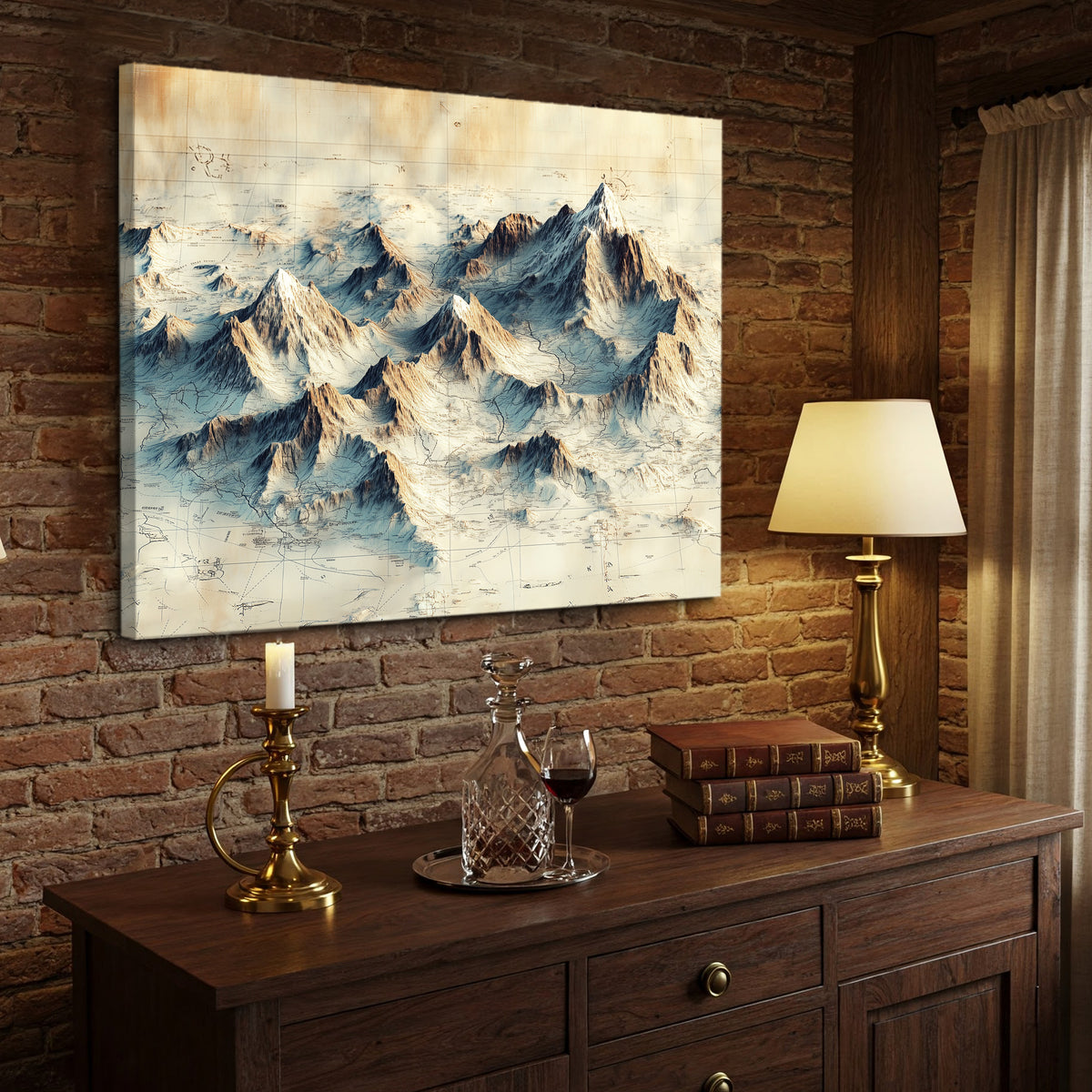 Antique Map Style Mountain Range Illustration Canvas Wall Art