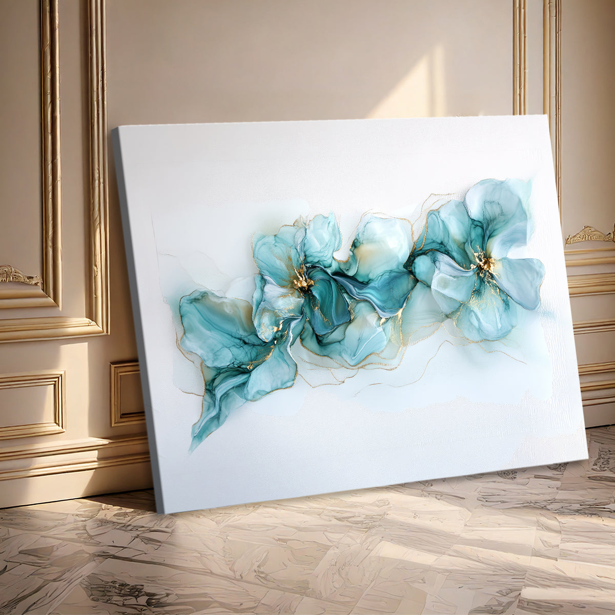 Turquoise Floral Abstract Alcohol Ink Canvas Wall Art