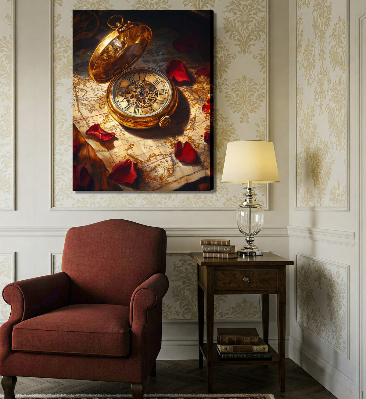 Vintage Pocket Watch and Old Map Oil Painting Canvas Wall Art
