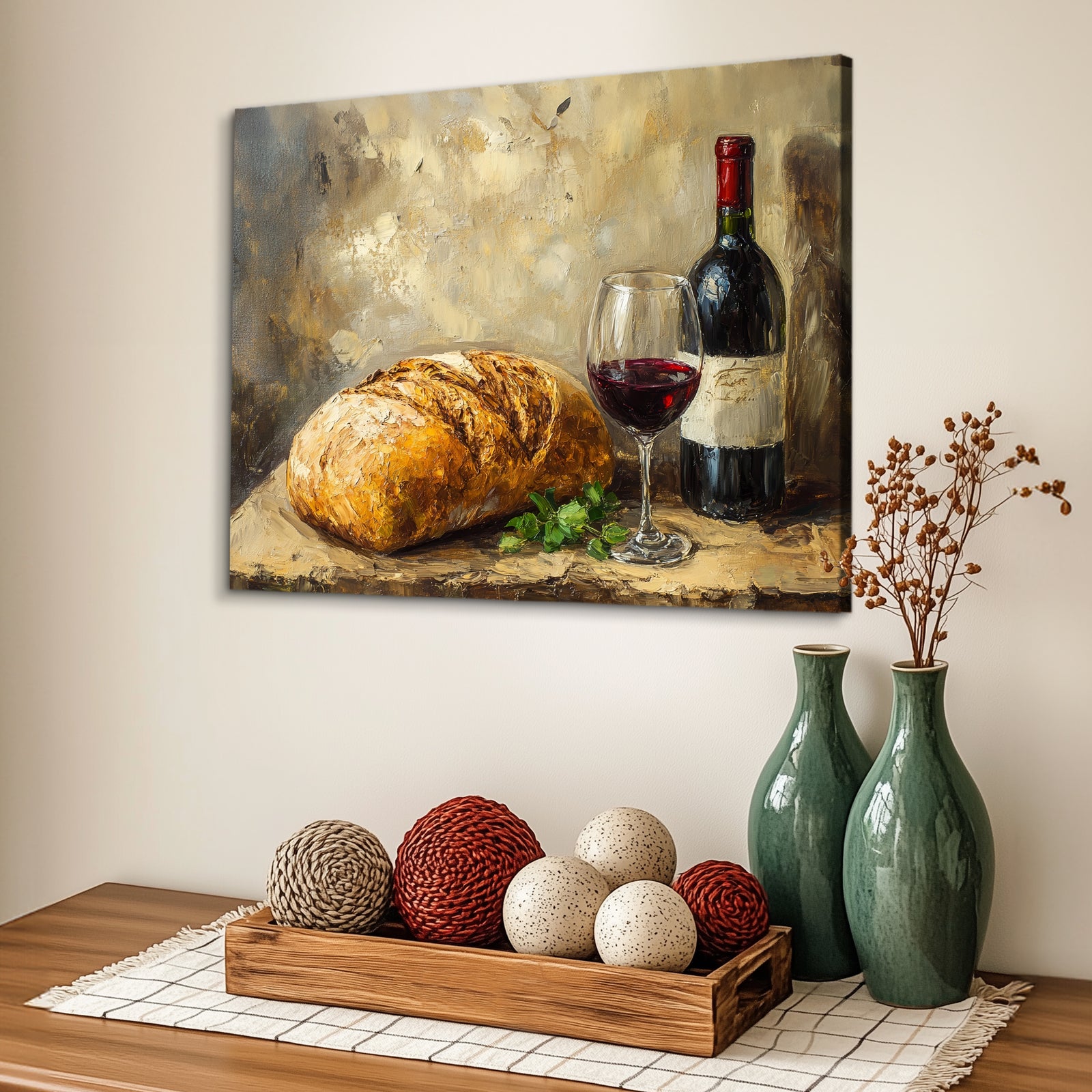 Bread and Red Wine - Vintage Oil Painting Canvas Wall Art