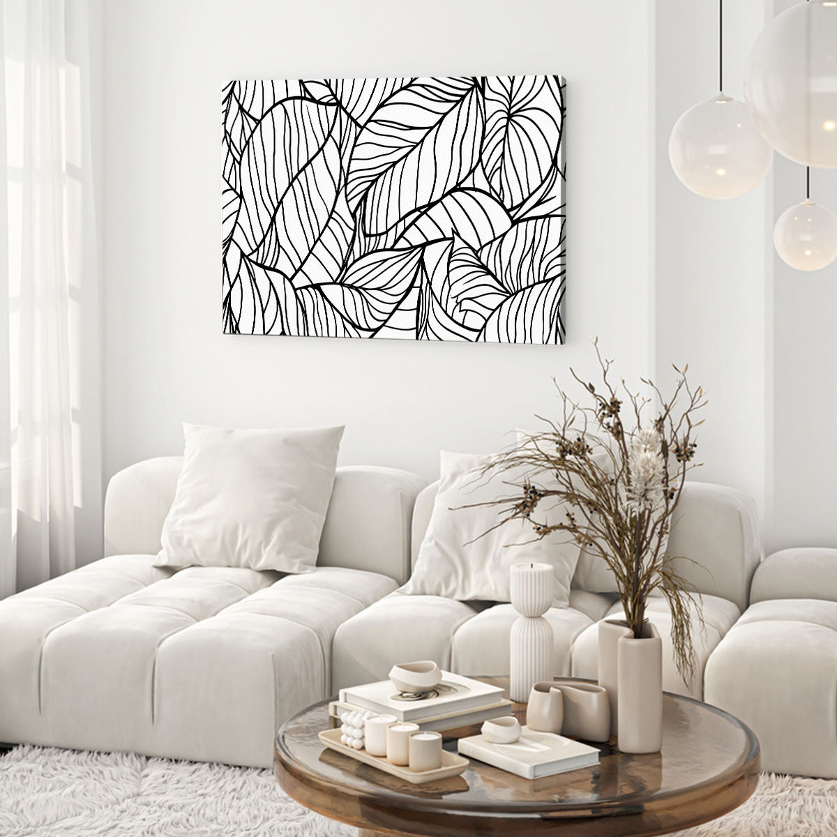 Black And White Leaf Line Artwork For Living Room