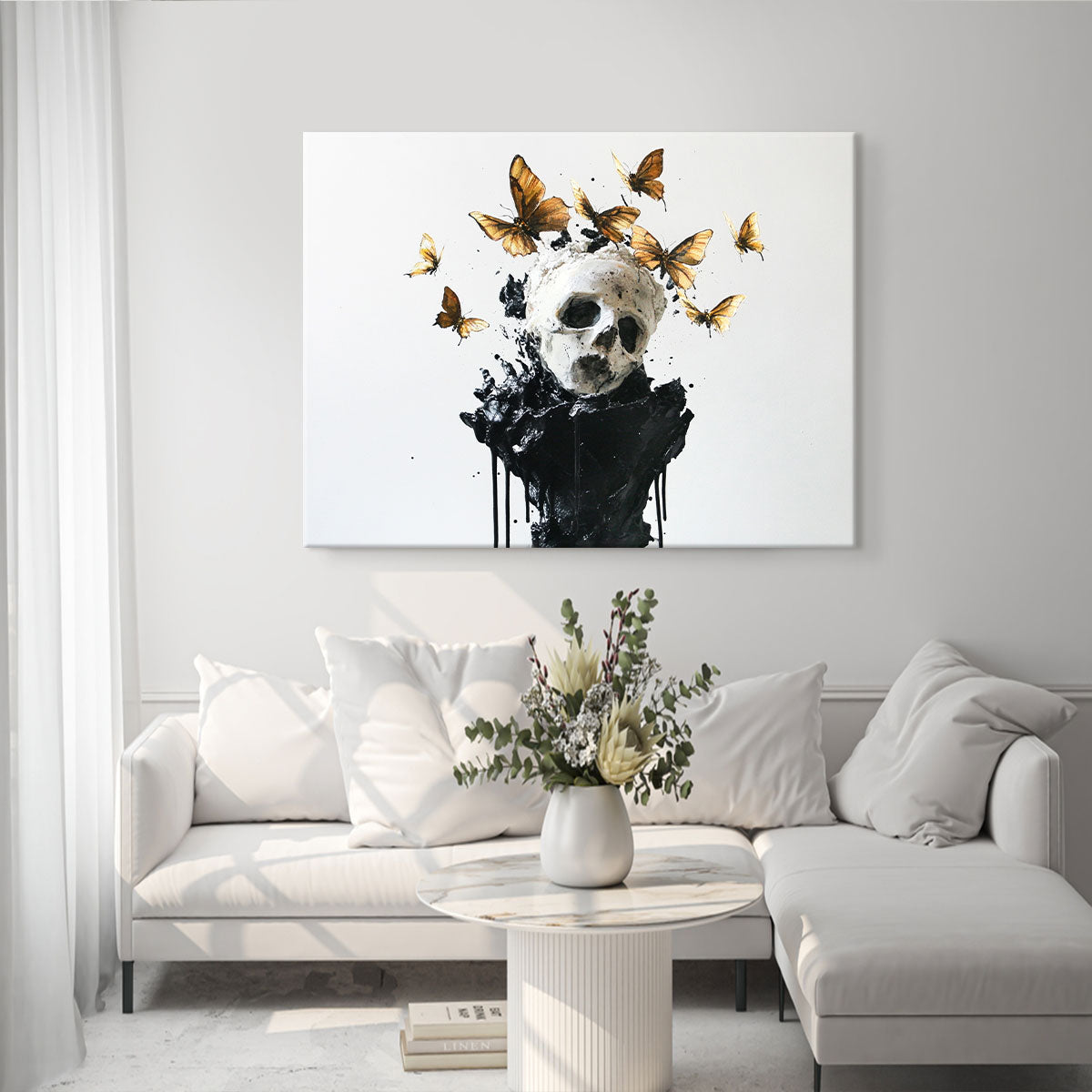 Butterflies Skull Sculpture Minimalist Watercolor Art Wall