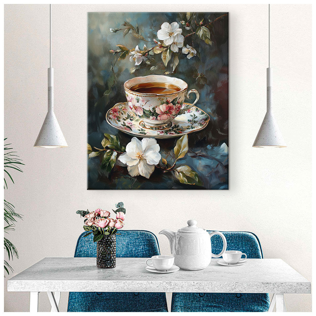 Vintage Floral Teacup Oil Painting Canvas Wall Art