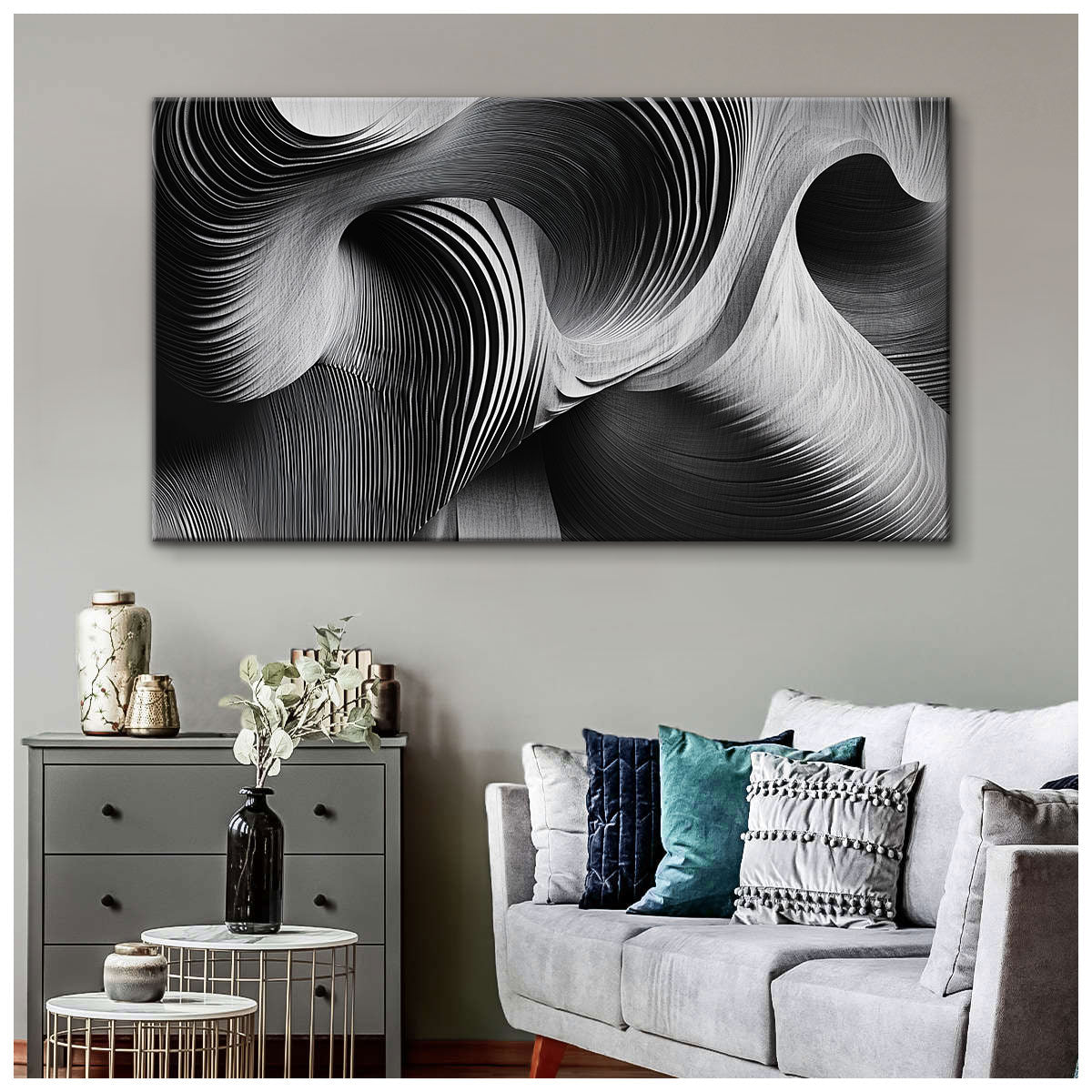 Waves Monochromatic Abstract Canvas Wall Art for Living Room