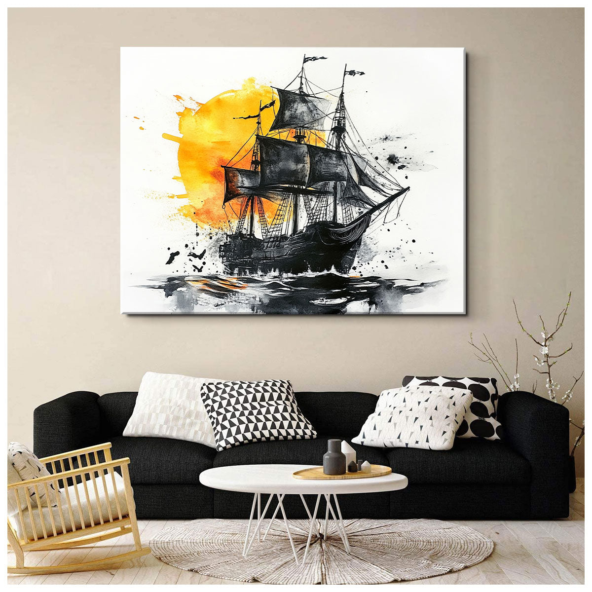 Sailing Black Pirate Ship Abstract Wall Art