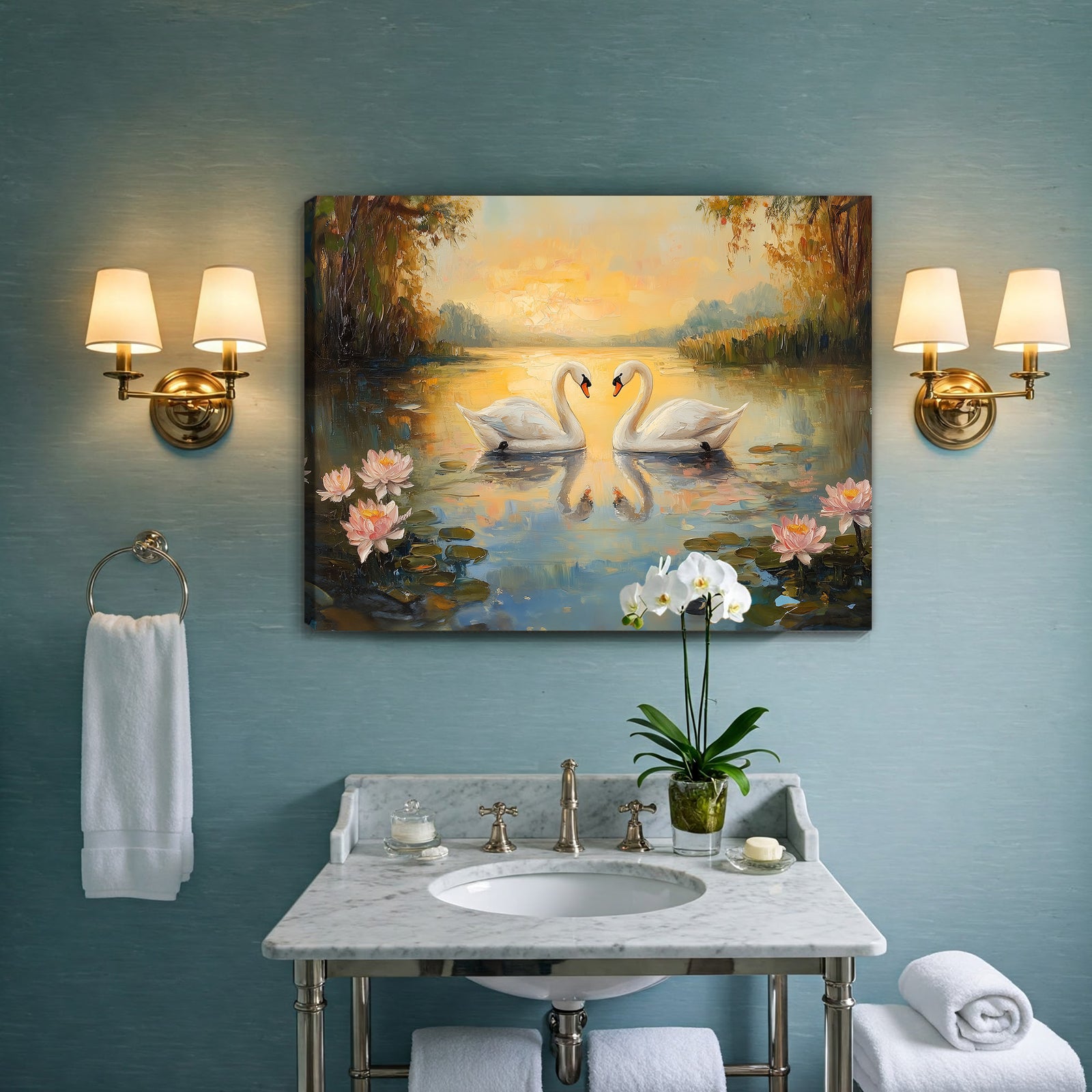 Swan Serenity – Romantic Oil Painting Canvas Wall Art