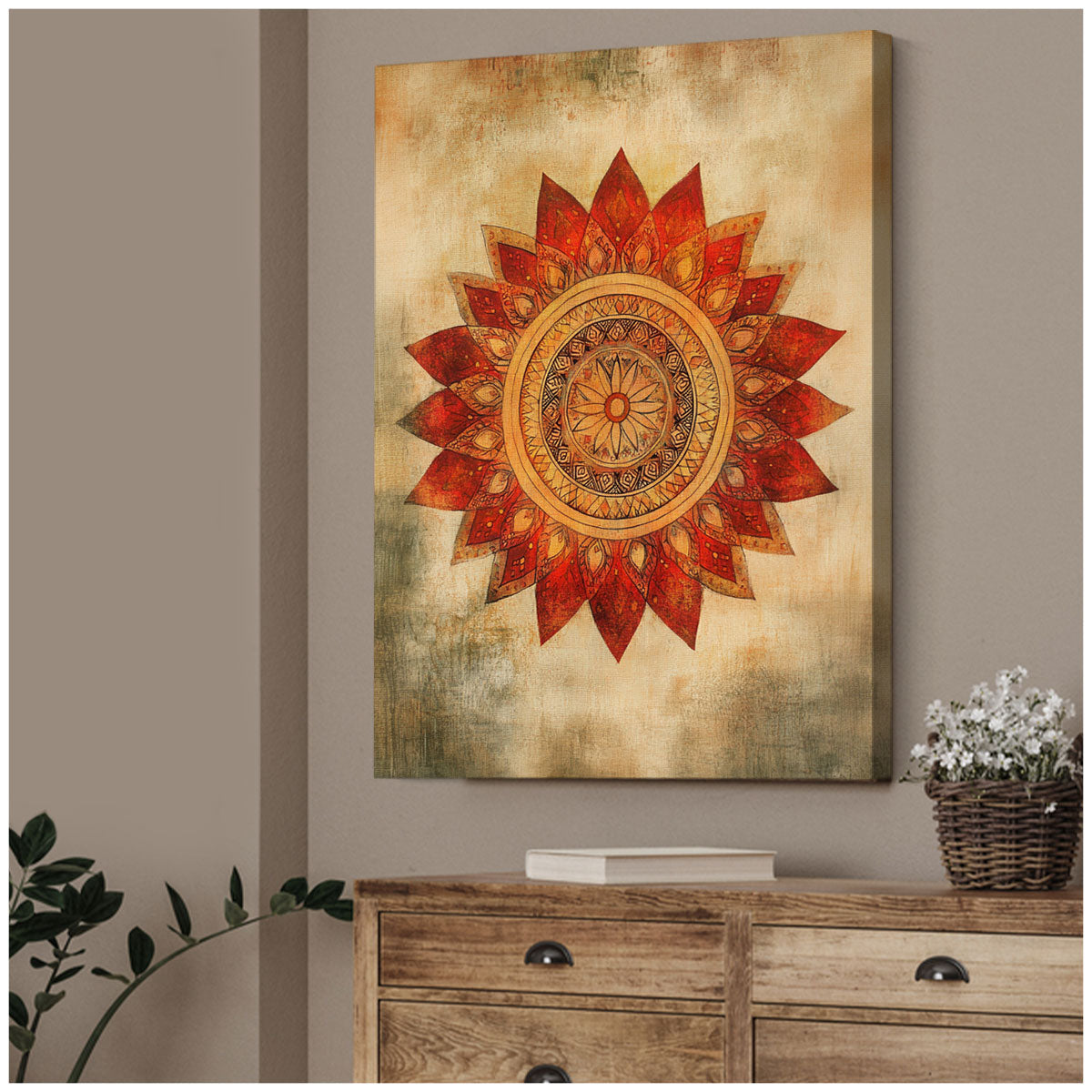 Boho Mandala Canvas Wall Art - Warm Tribal Sunflower Decor