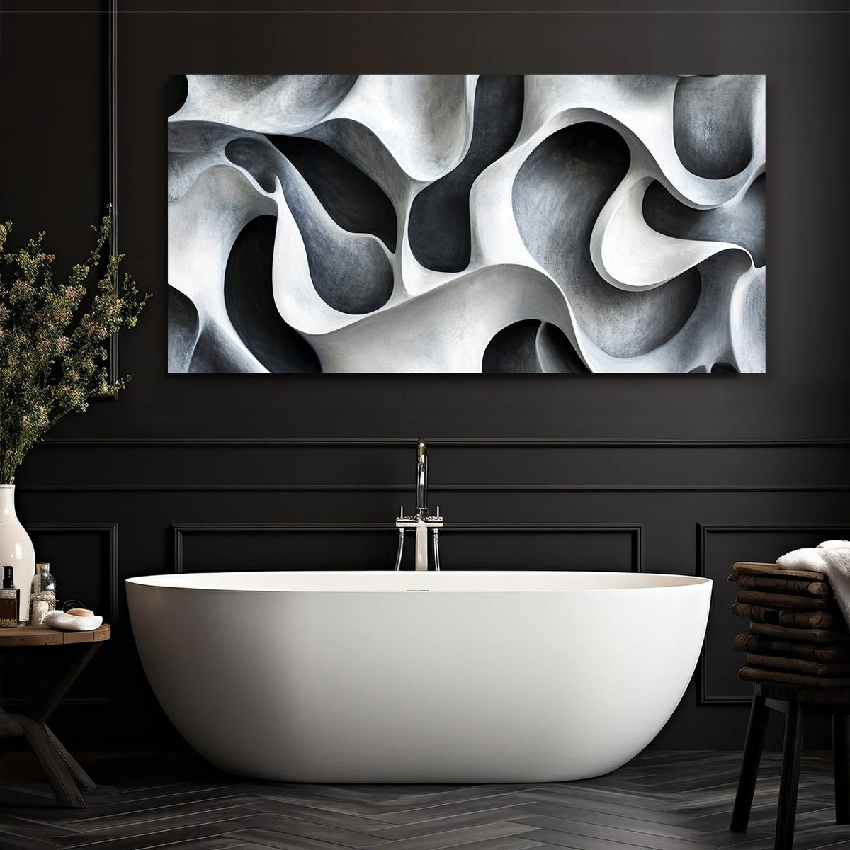 Fluid Forms Monochromatic Abstract Canvas Wall Art for Living Room