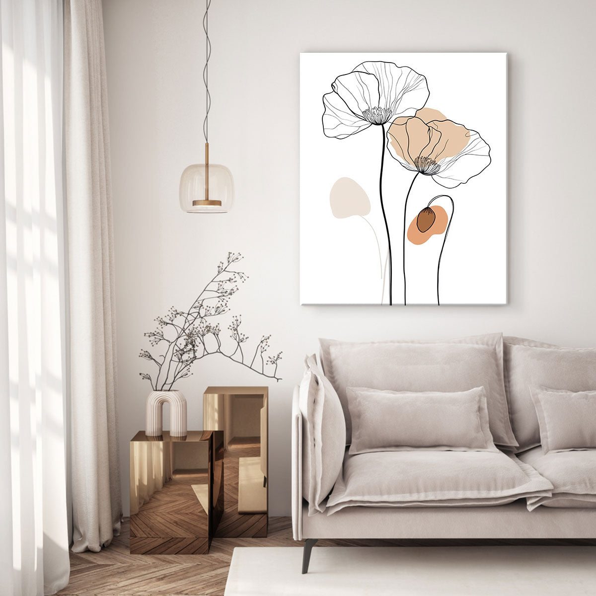 One-Line Poppy Flower Canvas Wall Art – Minimalist Floral Line Drawing Print