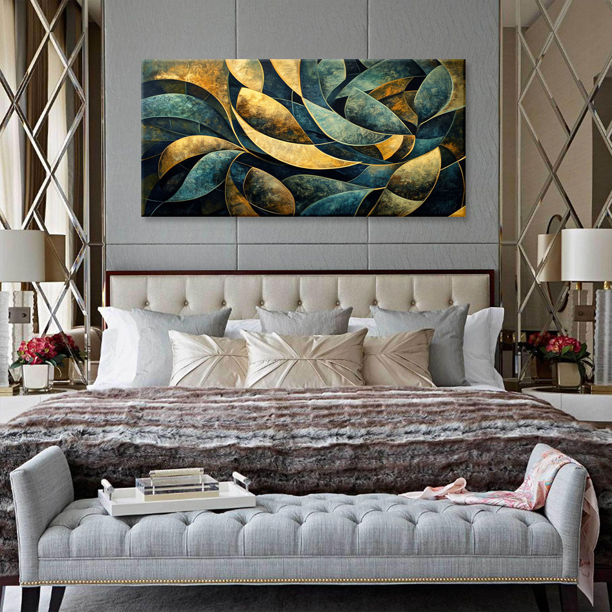 Elegant Curved Geometric Abstract Canvas Wall Art for Living Room