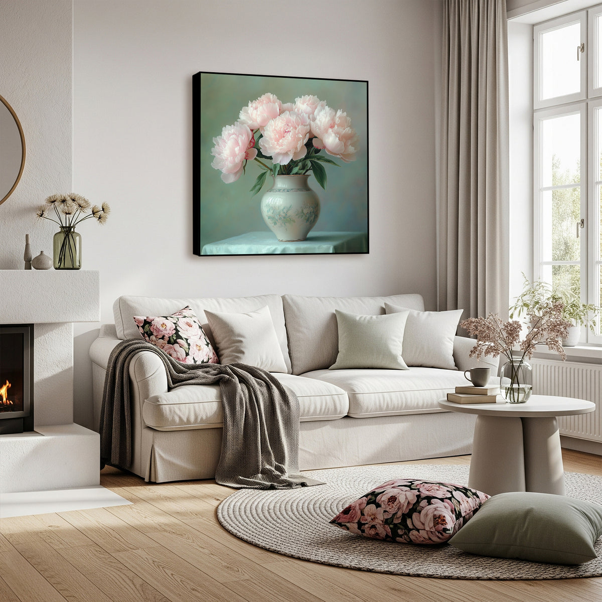 Delicate Peonies in Soft Ceramic Vase Canvas Print