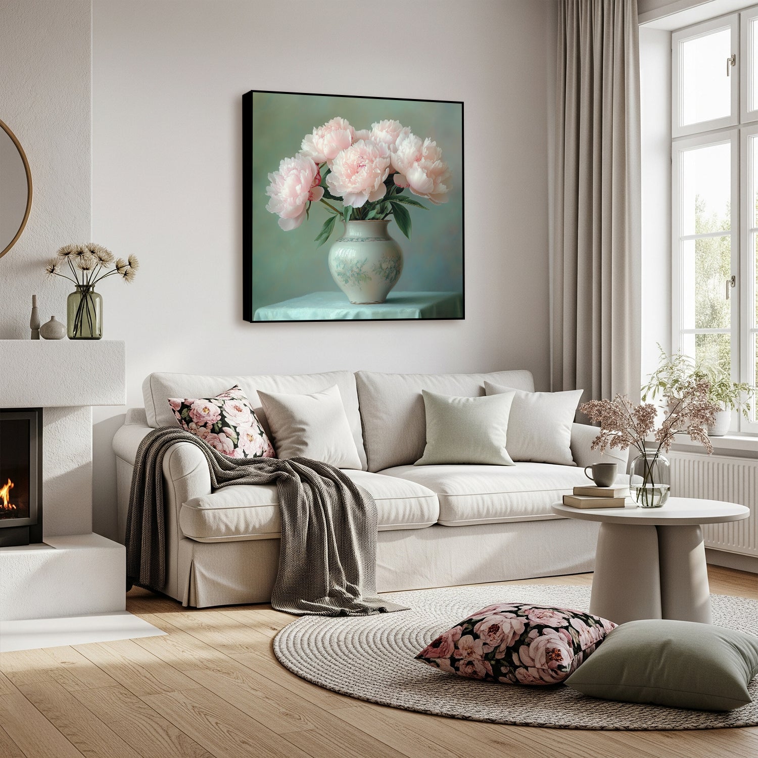 Delicate Peonies in Soft Ceramic Vase Canvas Print