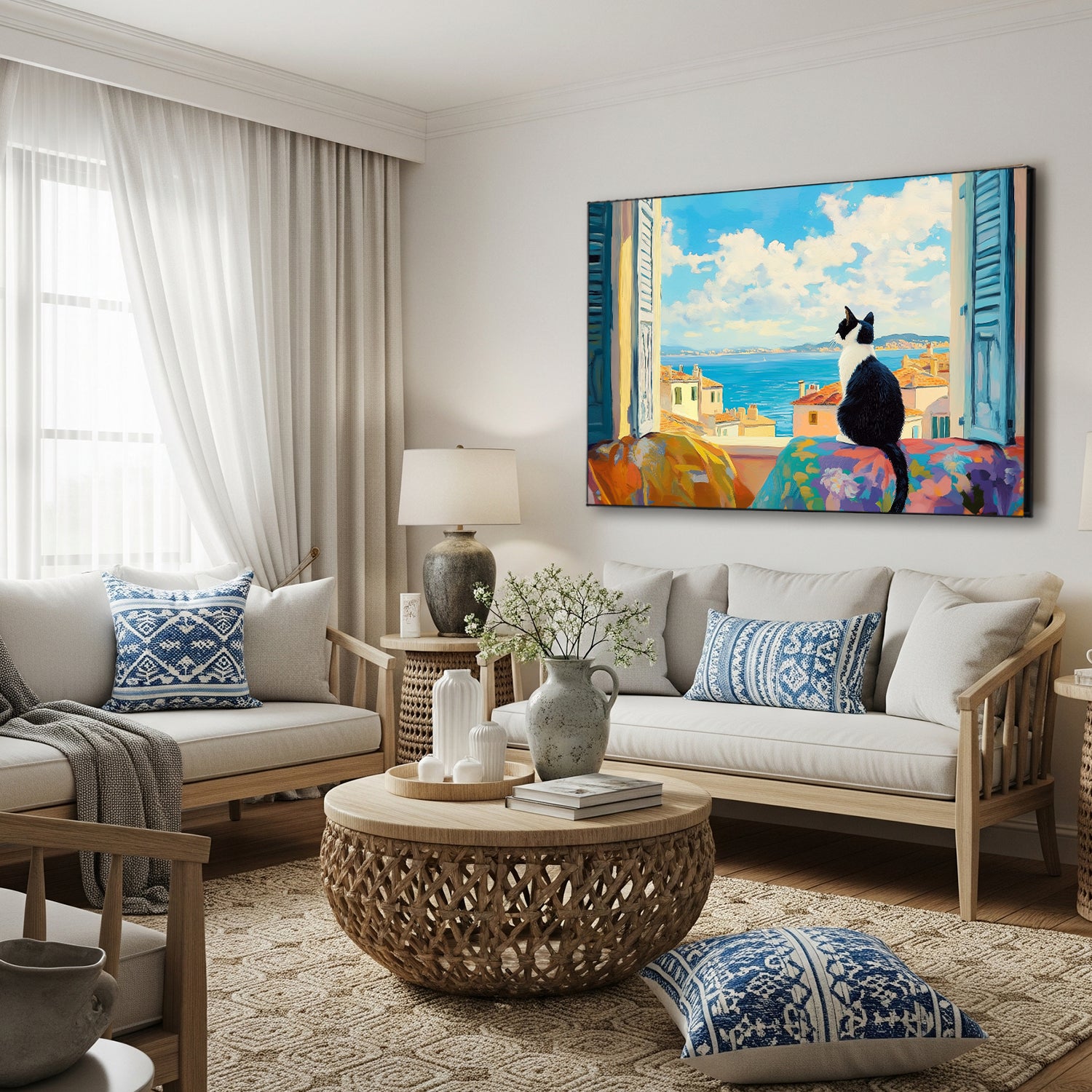 Black And White Cat On Window Canvas Wall Art Print