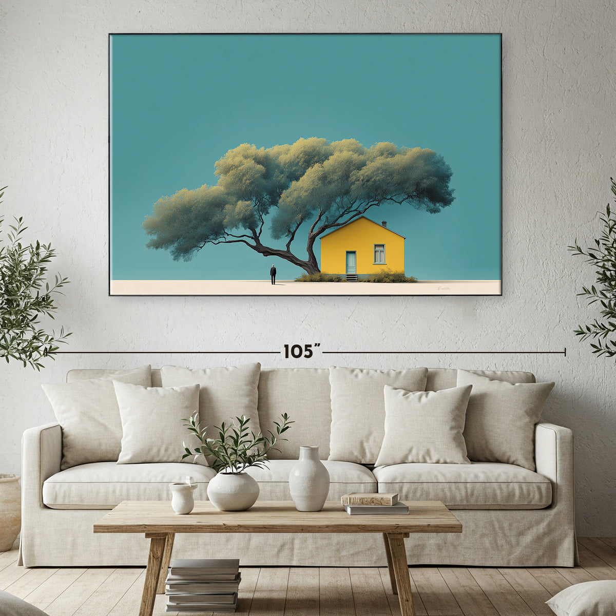 Tree and Yellow House Canvas Minimalist Wall Art